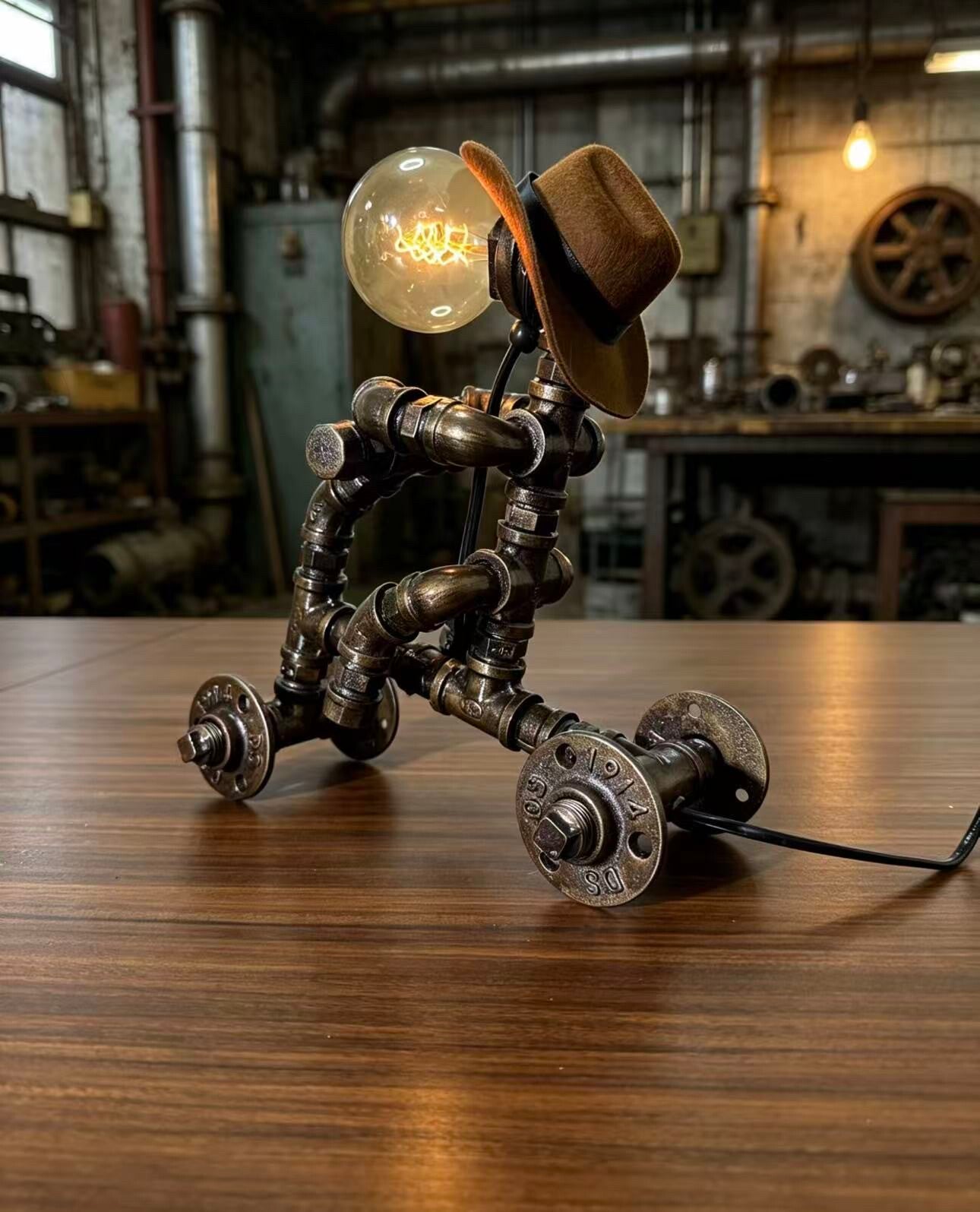 "4-Wheel Cart"Vintage Industrial Pipe Robot Car Statue - Handmade Steampunk Sculpture, Home Bar Decor, Rustic Sideboard & Console Table Centerpiece