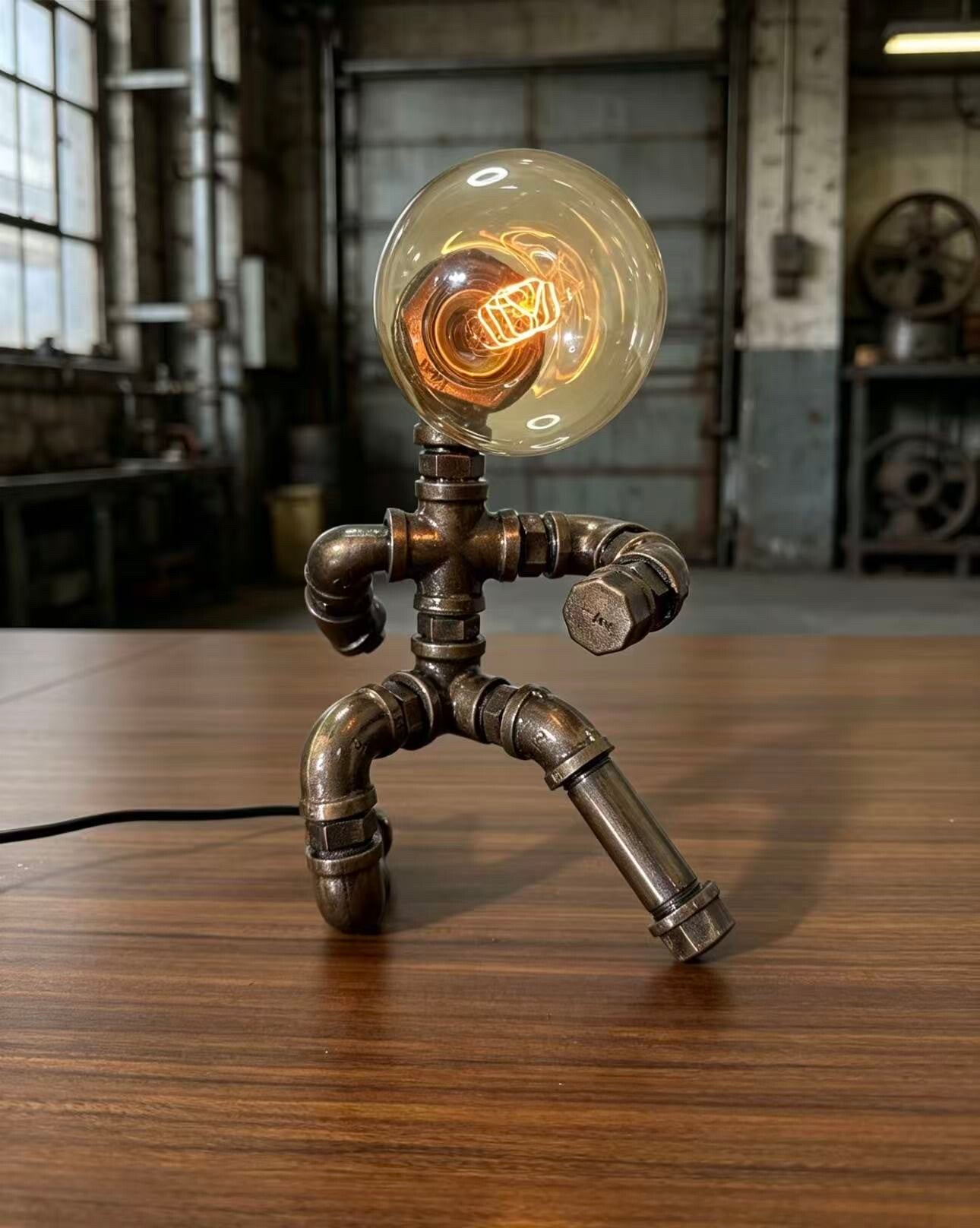 “Dancer”Robot Statue - Vintage Industrial Pipe Art Sculpture, Handmade Steampunk Robot Figurine for Home Bar Decor, Rustic Sideboard & Console Table Centerpiece