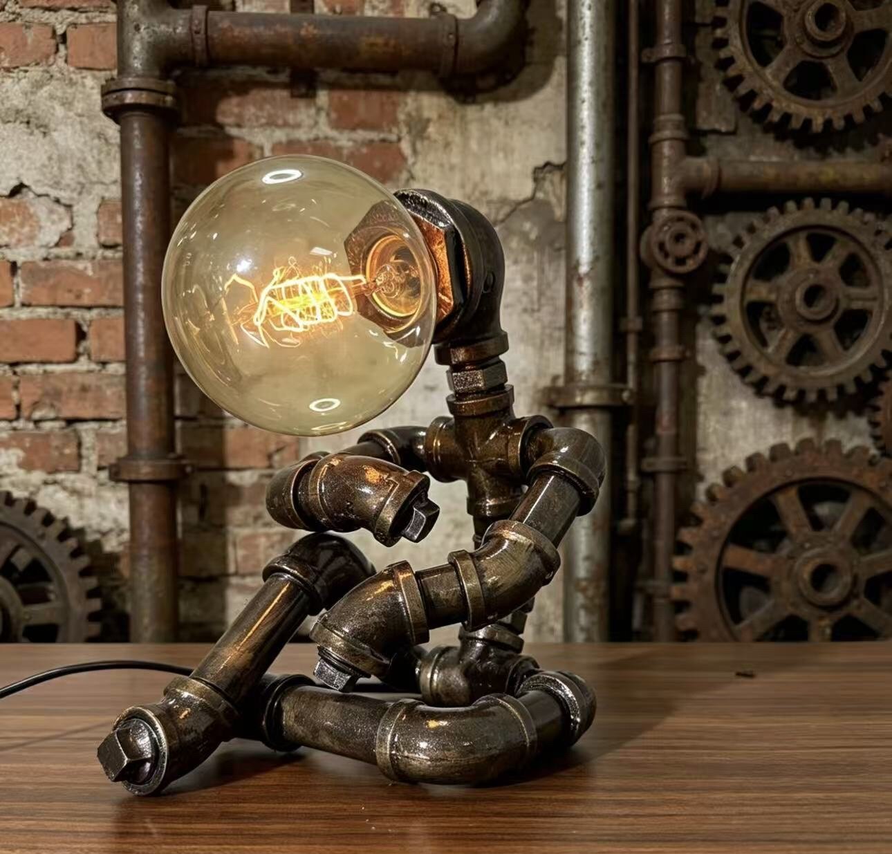 “The Thinker” Robot Statue - Vintage Industrial Pipe Art Sculpture, Handmade Steampunk Robot Figurine for Home Bar Decor, Rustic Sideboard & Console Table Centerpiece