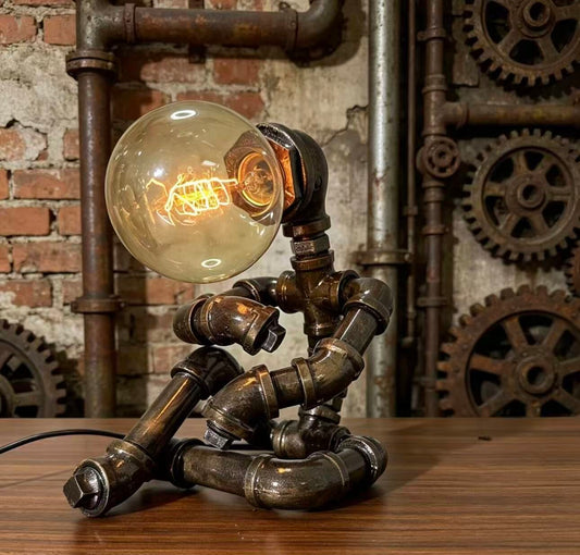 “The Thinker” Robot Statue - Vintage Industrial Pipe Art Sculpture, Handmade Steampunk Robot Figurine for Home Bar Decor, Rustic Sideboard & Console Table Centerpiece