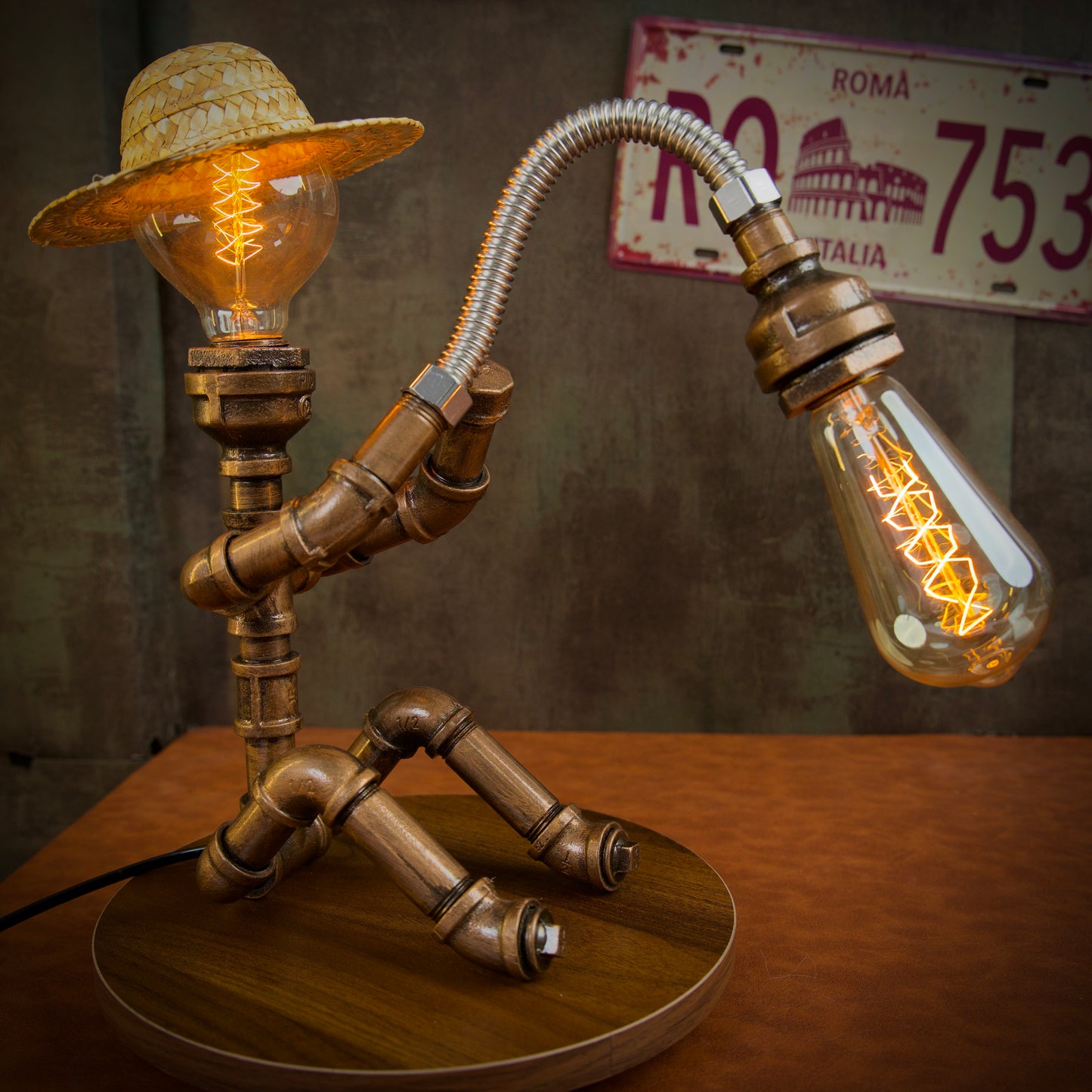 "Fisherman"Steampunk Pipe Lamp - Handmade Industrial Vintage Robot Table Lamp, American-Style Night Light, Home Decor Gift
