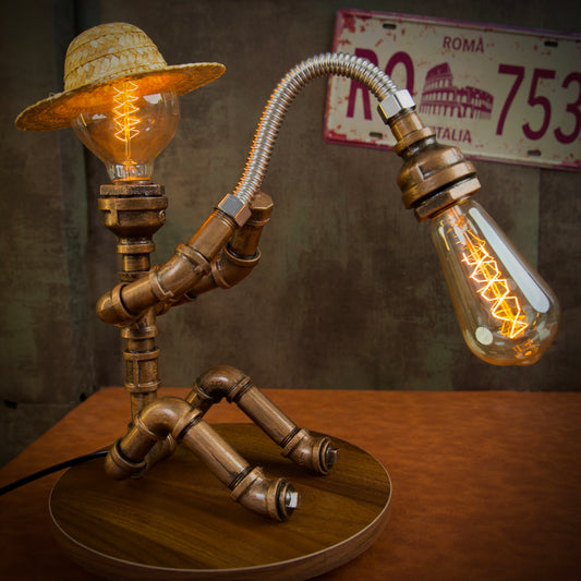 "Fisherman"Steampunk Pipe Lamp - Handmade Industrial Vintage Robot Table Lamp, American-Style Night Light, Home Decor Gift