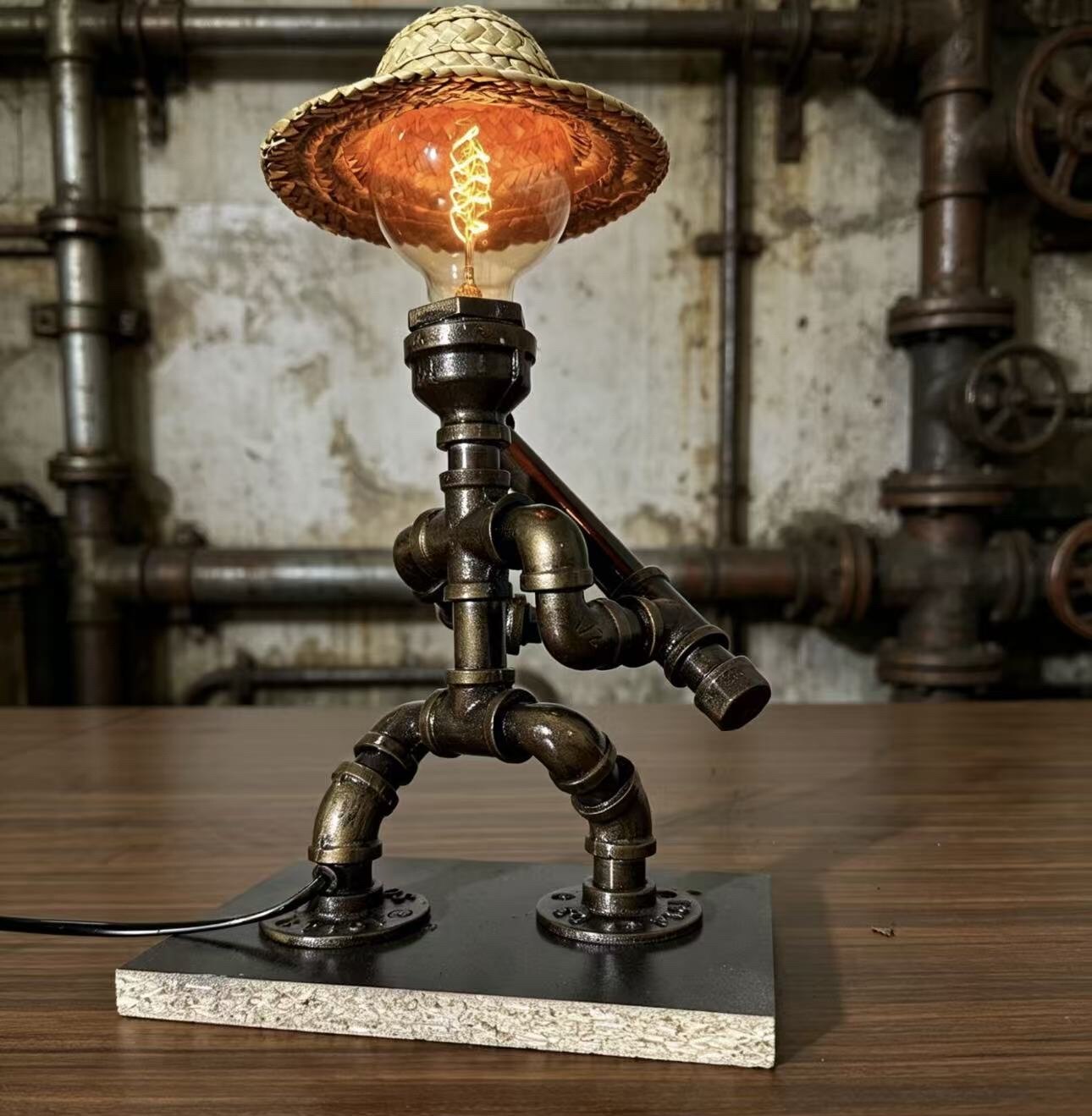 ”Warrior“ Straw Hat Edition - Vintage Industrial Pipe Robot Statue, Handmade Steampunk Sculpture for Home Bar & Coffee Shop Decor