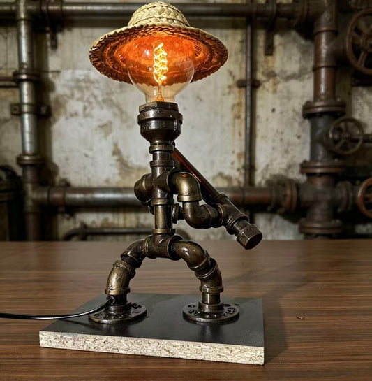 ”Warrior“ Straw Hat Edition - Vintage Industrial Pipe Robot Statue, Handmade Steampunk Sculpture for Home Bar & Coffee Shop Decor