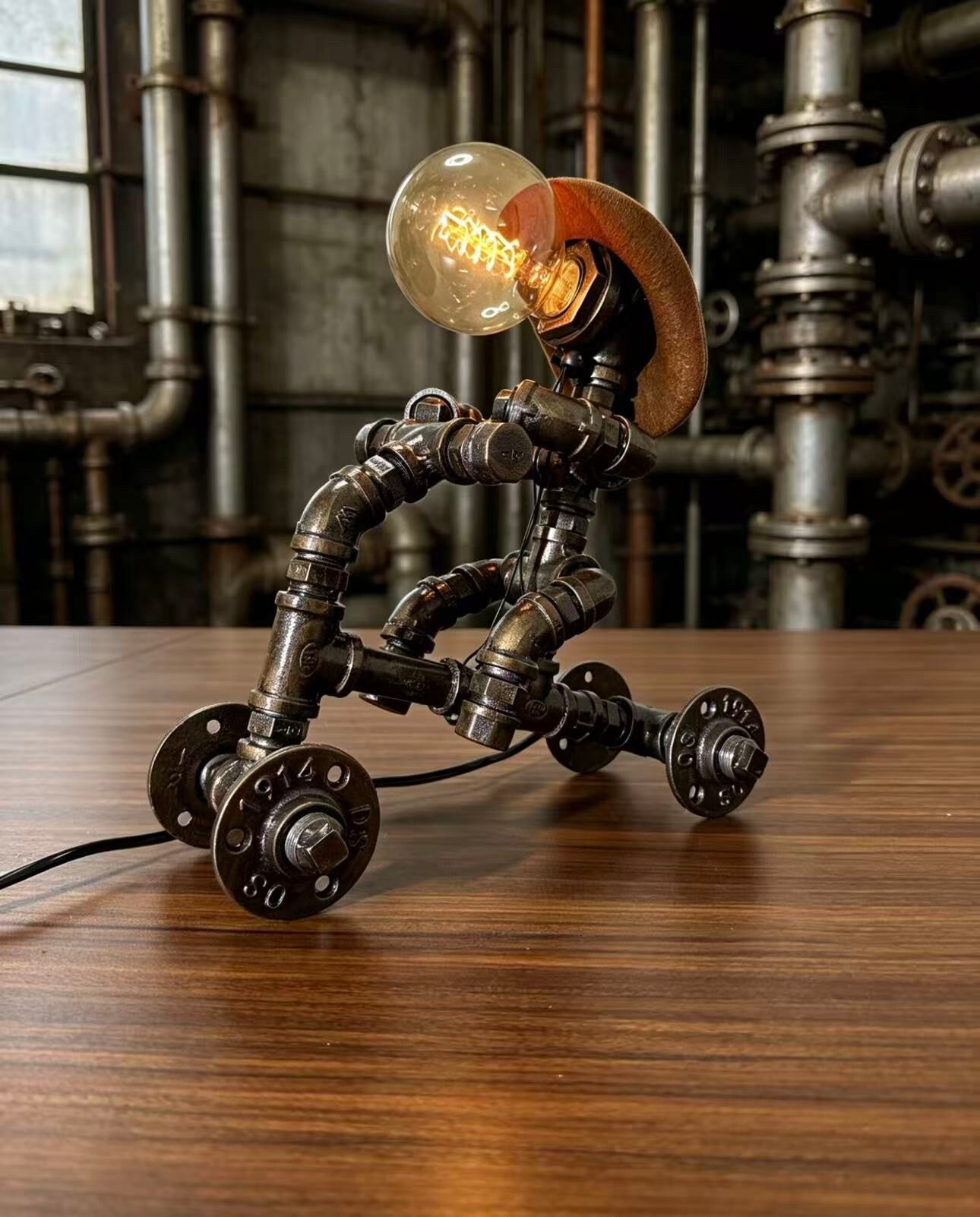 "4-Wheel Cart"Vintage Industrial Pipe Robot Car Statue - Handmade Steampunk  Sculpture, Home Bar Decor, Rustic Sideboard & Console Table Centerpiece