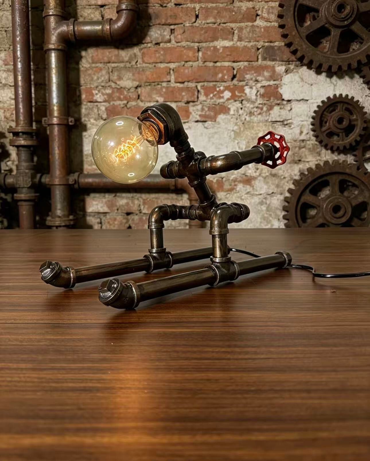 "Skie"Robot Statue - Vintage Industrial Pipe Art Sculpture, Handmade Steampunk Robot Figurine for Home Bar Decor, Rustic Farmhouse Sideboard & Console Table Centerpiece