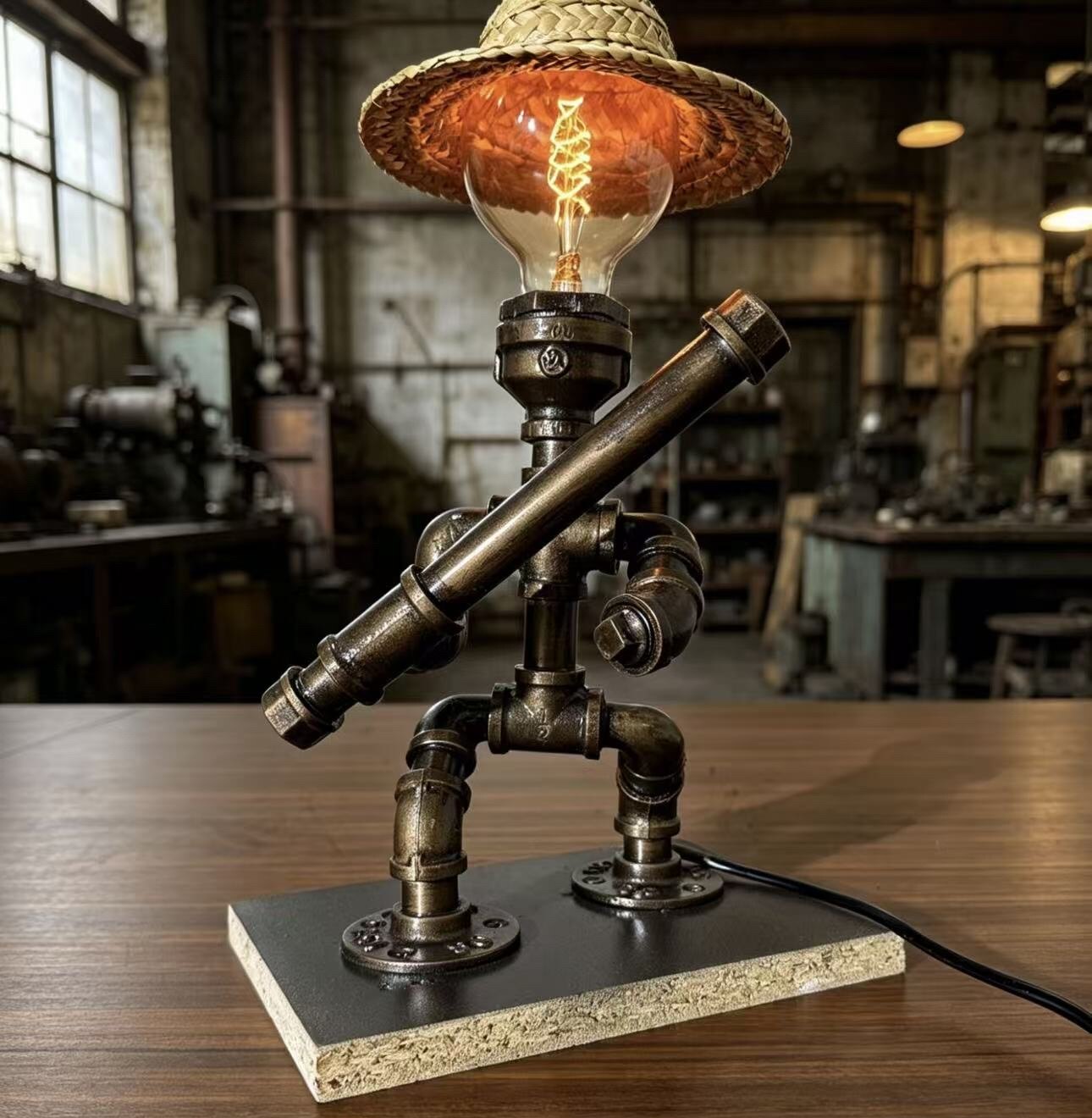 ”Warrior“ Straw Hat Edition - Vintage Industrial Pipe Robot Statue, Handmade Steampunk Sculpture for Home Bar & Coffee Shop Decor