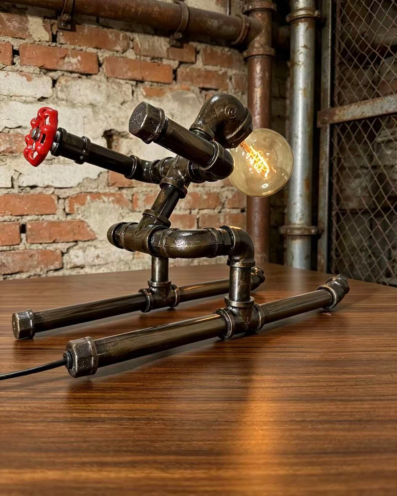 "Skie"Robot Statue - Vintage Industrial Pipe Art Sculpture, Handmade Steampunk Robot Figurine for Home Bar Decor, Rustic Farmhouse Sideboard & Console Table Centerpiece