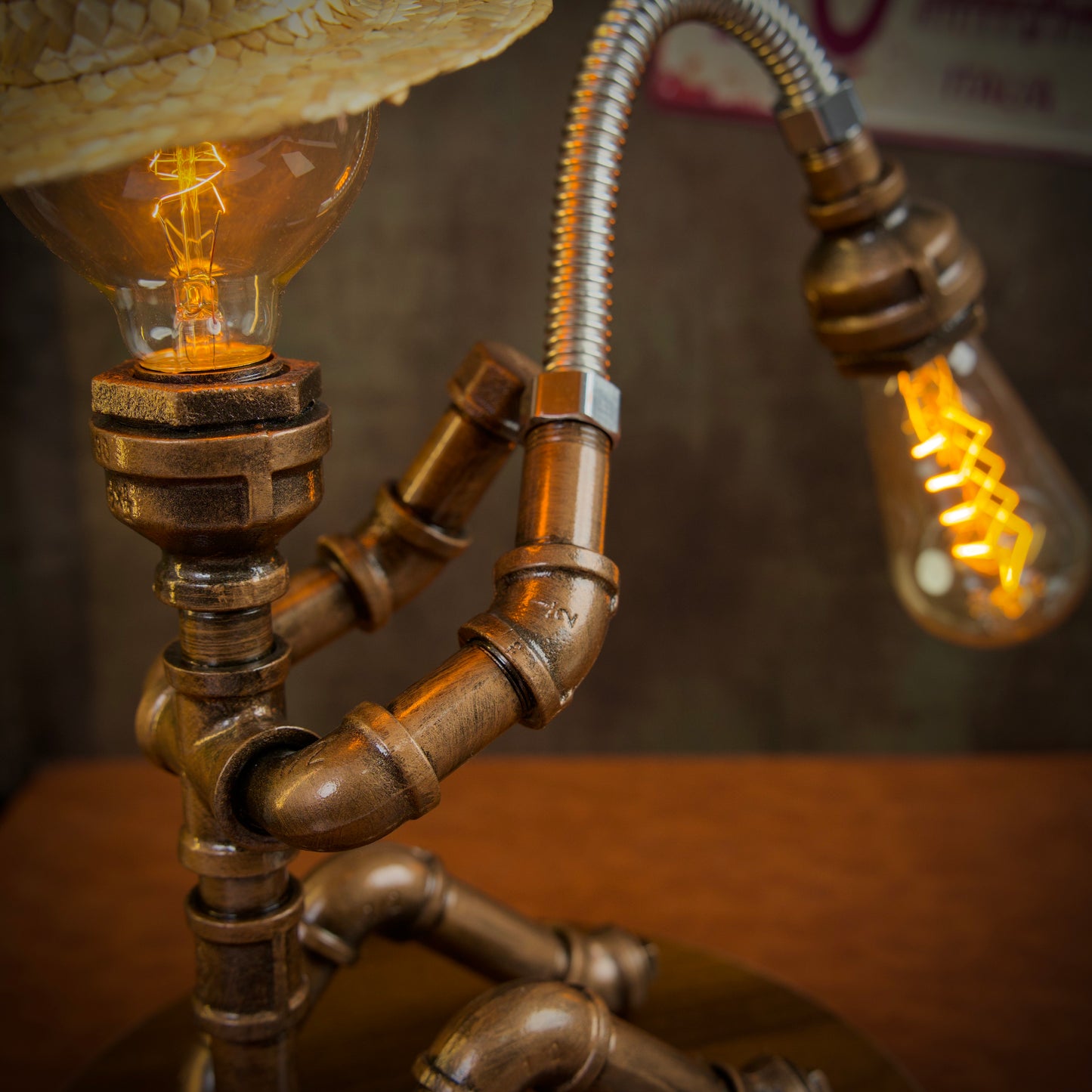 "Fisherman"Steampunk Pipe Lamp - Handmade Industrial Vintage Robot Table Lamp, American-Style Night Light, Home Decor Gift