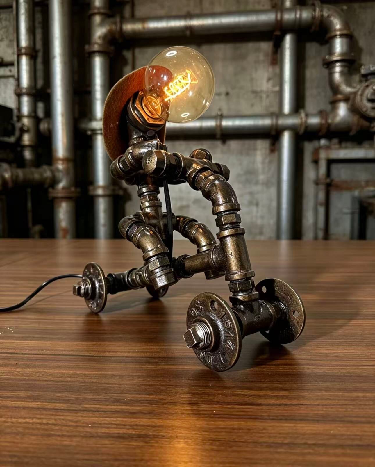 "4-Wheel Cart"Vintage Industrial Pipe Robot Car Statue - Handmade Steampunk  Sculpture, Home Bar Decor, Rustic Sideboard & Console Table Centerpiece