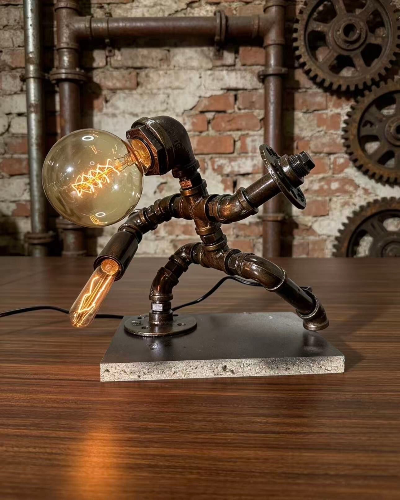 "Swordsman"Robot Statue - Vintage Industrial Pipe Art Sculpture, Handmade Steampunk Robot Figurine for Home Bar Decor, Rustic Sideboard & Console Table Centerpiece