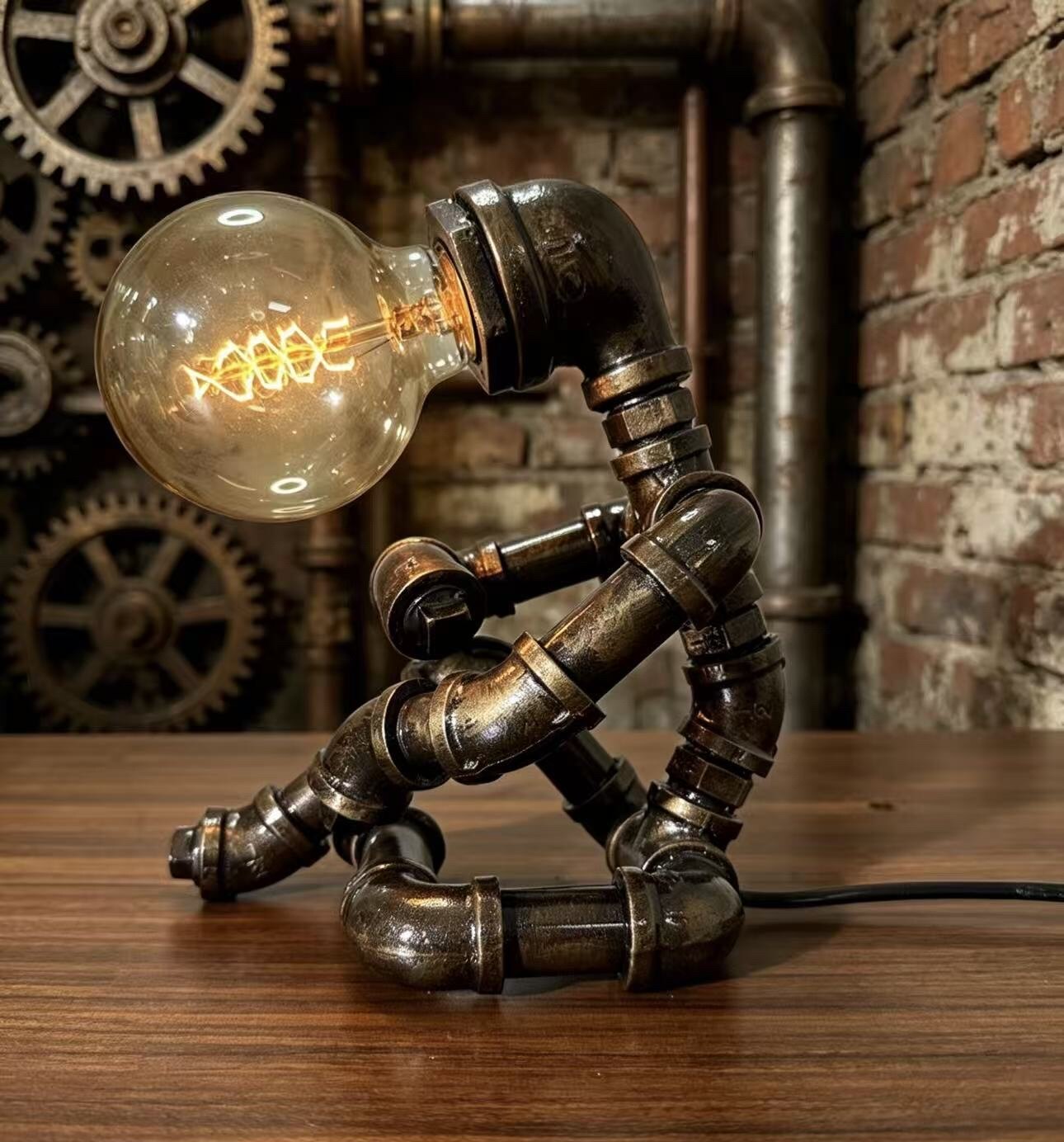 “The Thinker” Robot Statue - Vintage Industrial Pipe Art Sculpture, Handmade Steampunk Robot Figurine for Home Bar Decor, Rustic Sideboard & Console Table Centerpiece