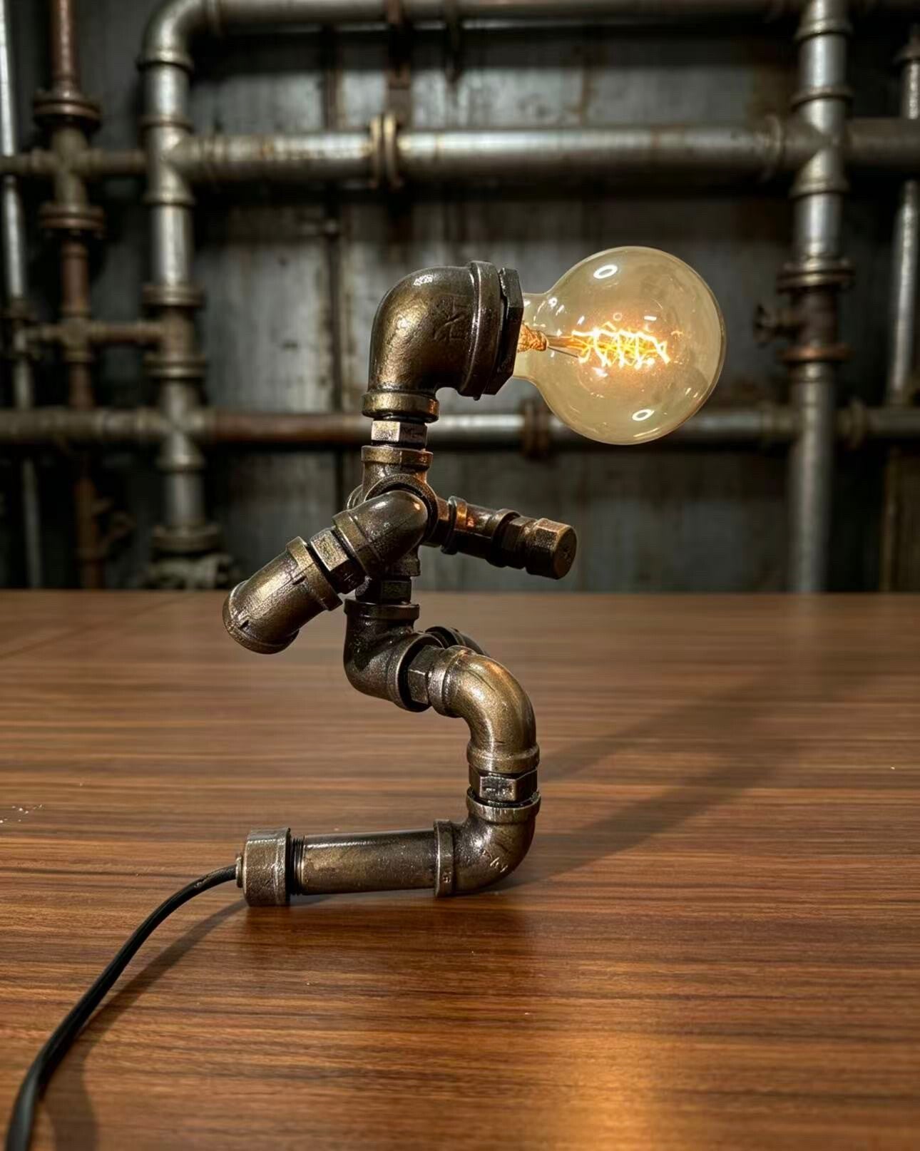 “Dancer”Robot Statue - Vintage Industrial Pipe Art Sculpture, Handmade Steampunk Robot Figurine for Home Bar Decor, Rustic Sideboard & Console Table Centerpiece