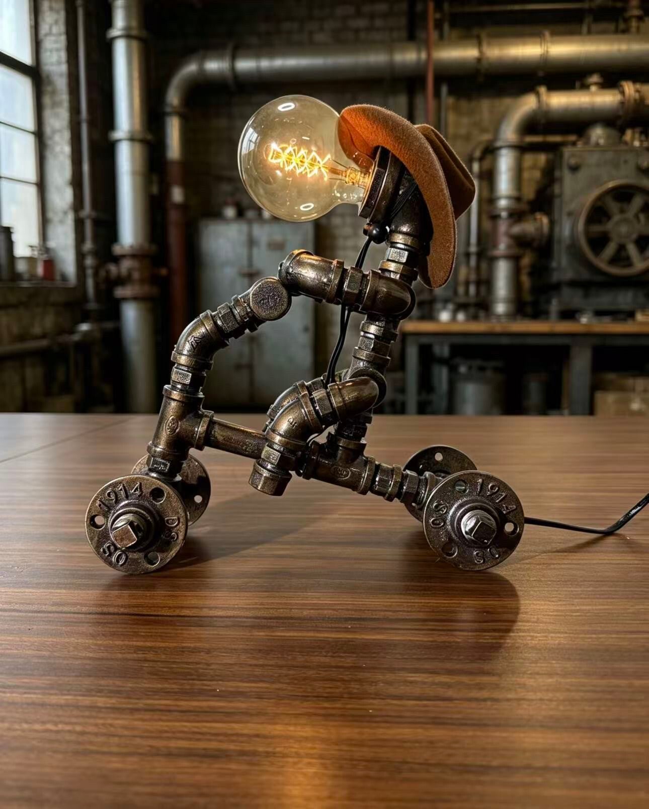 "4-Wheel Cart"Vintage Industrial Pipe Robot Car Statue - Handmade Steampunk  Sculpture, Home Bar Decor, Rustic Sideboard & Console Table Centerpiece