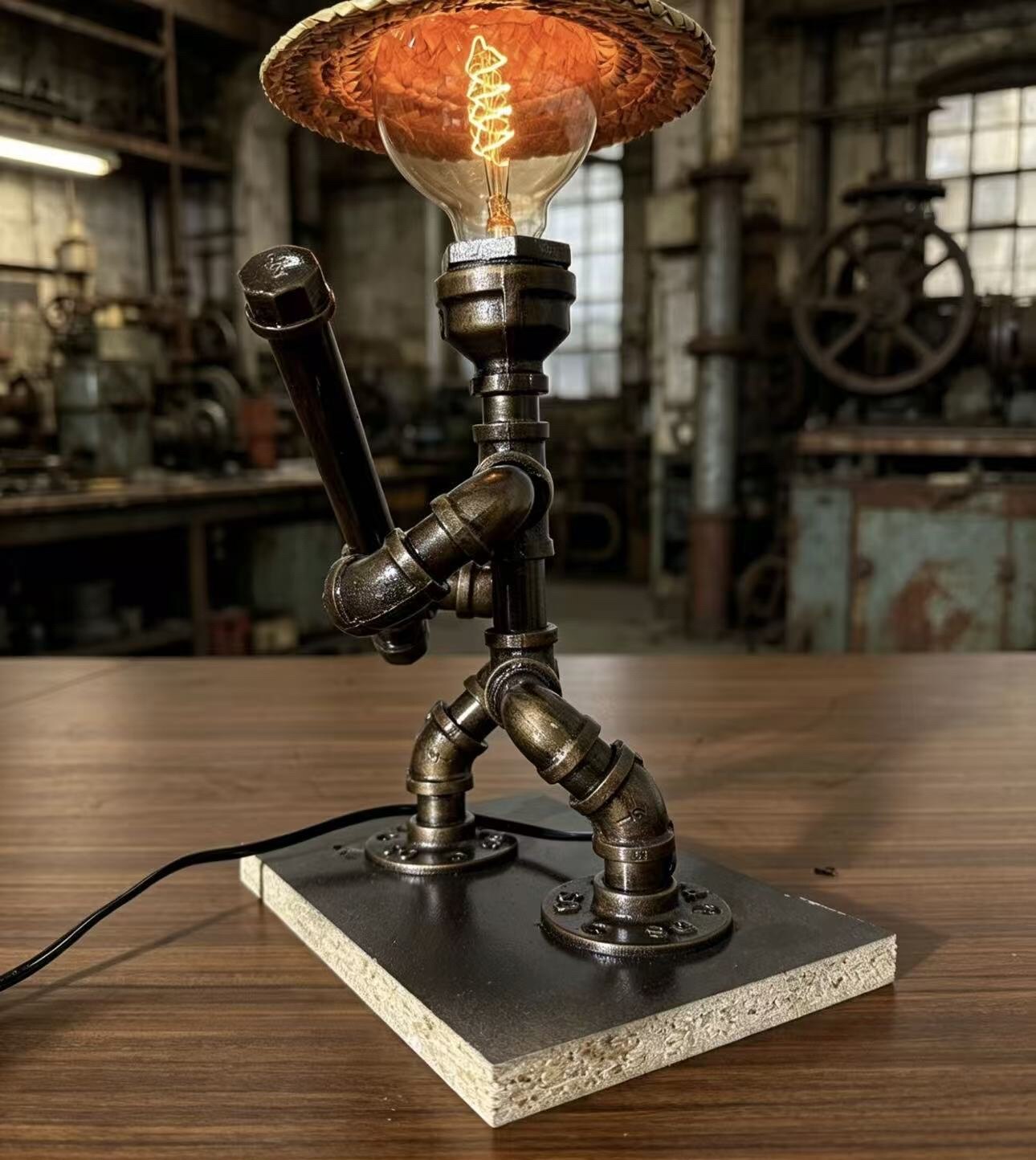 ”Warrior“ Straw Hat Edition - Vintage Industrial Pipe Robot Statue, Handmade Steampunk Sculpture for Home Bar & Coffee Shop Decor