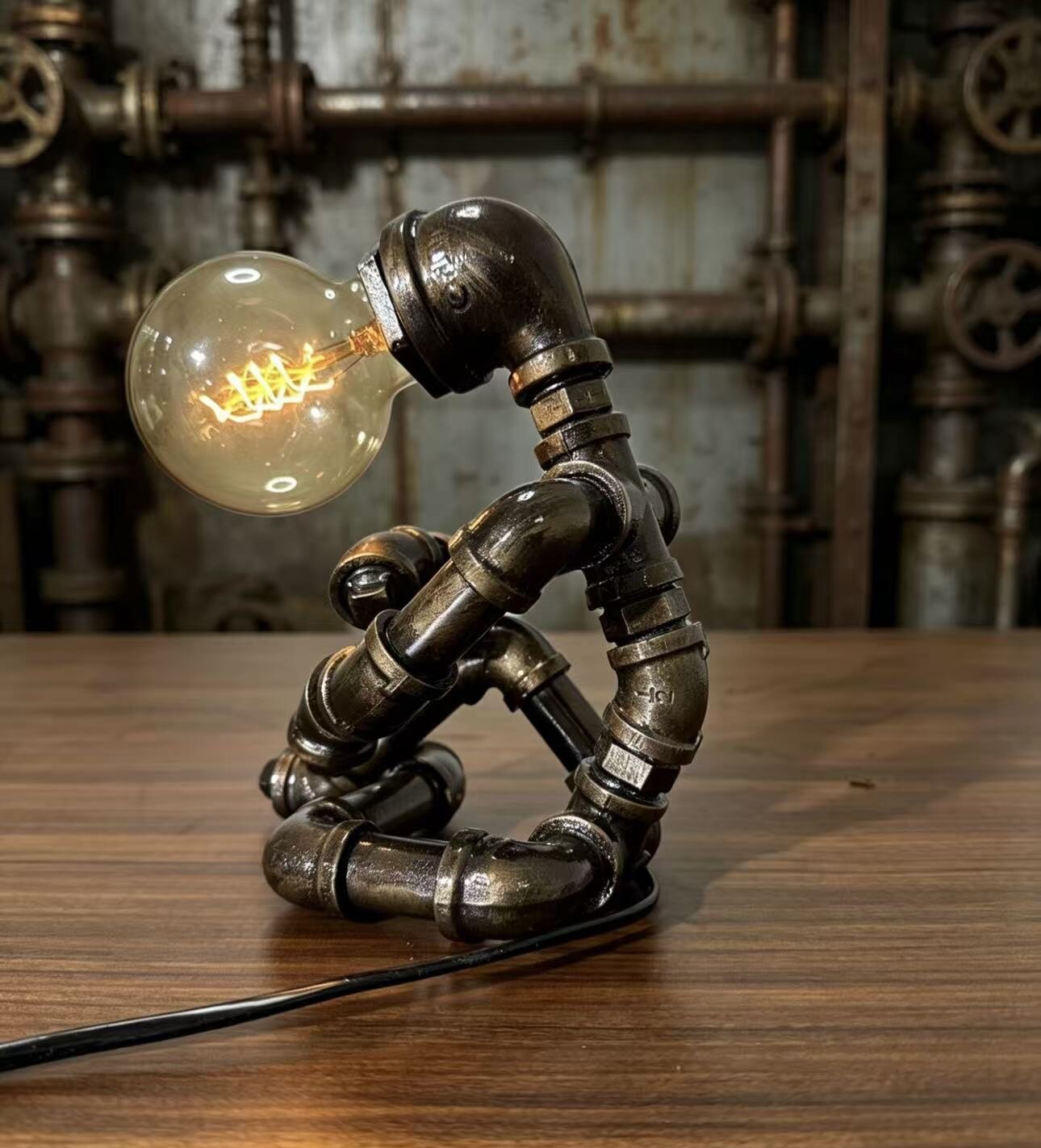“The Thinker” Robot Statue - Vintage Industrial Pipe Art Sculpture, Handmade Steampunk Robot Figurine for Home Bar Decor, Rustic Sideboard & Console Table Centerpiece