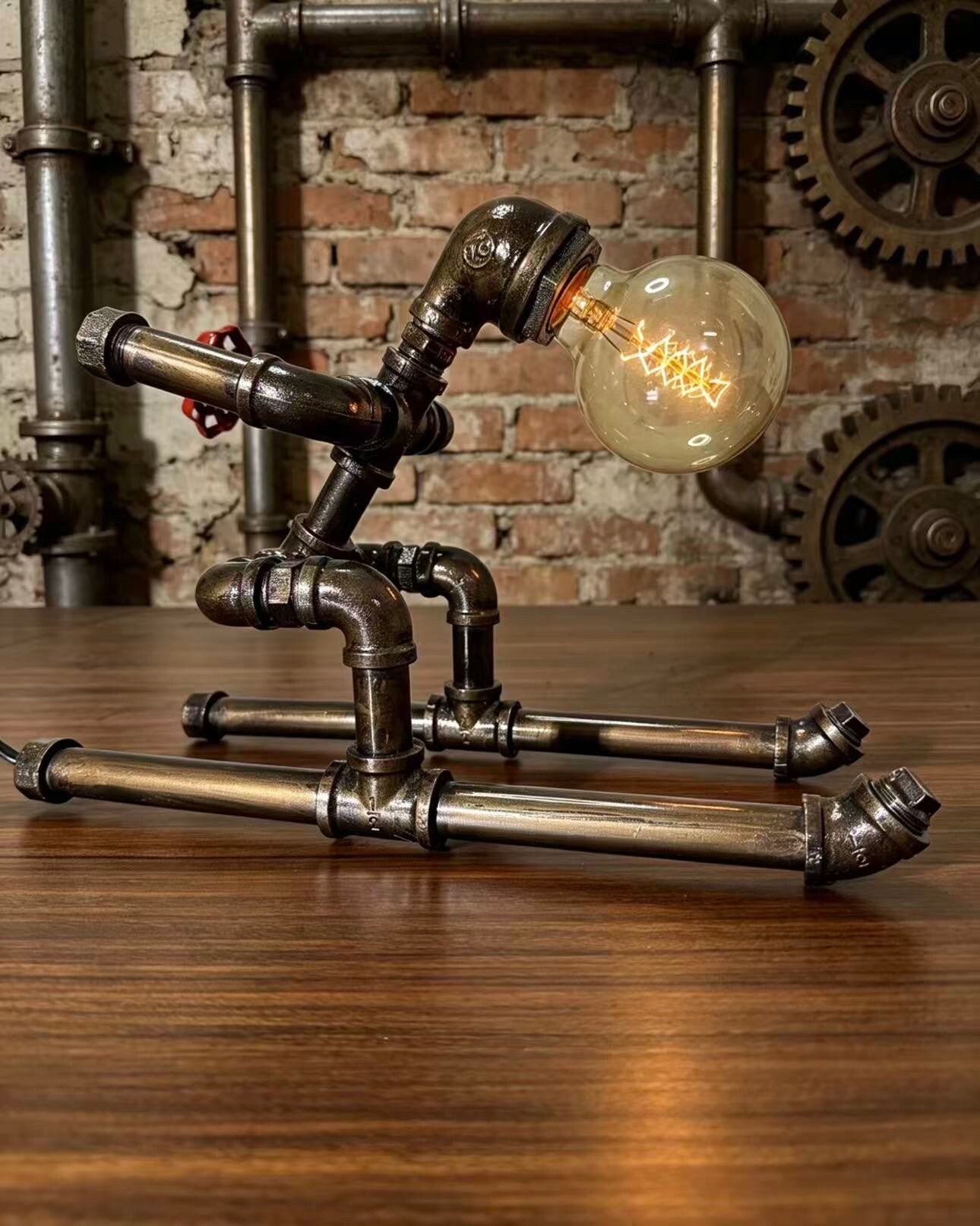 "Skie"Robot Statue - Vintage Industrial Pipe Art Sculpture, Handmade Steampunk Robot Figurine for Home Bar Decor, Rustic Farmhouse Sideboard & Console Table Centerpiece