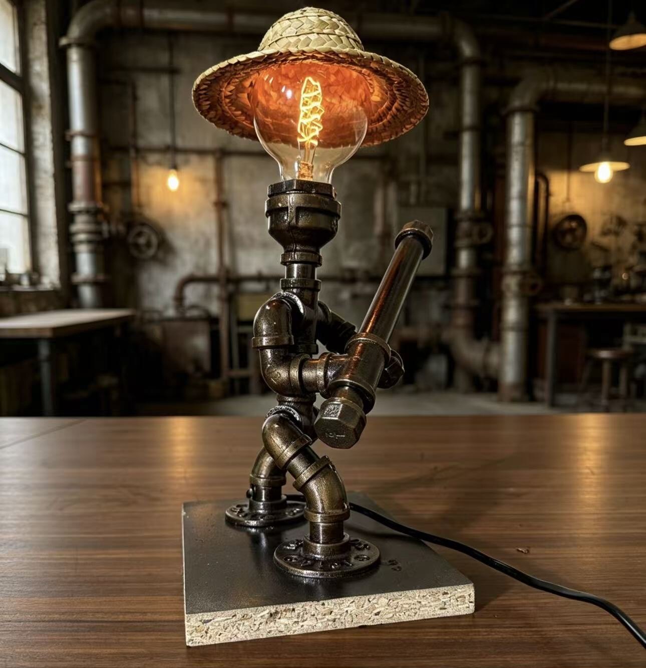 ”Warrior“ Straw Hat Edition - Vintage Industrial Pipe Robot Statue, Handmade Steampunk Sculpture for Home Bar & Coffee Shop Decor