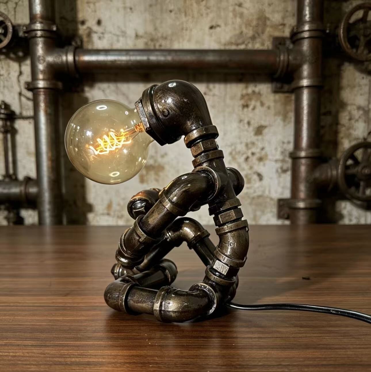 “The Thinker” Robot Statue - Vintage Industrial Pipe Art Sculpture, Handmade Steampunk Robot Figurine for Home Bar Decor, Rustic Sideboard & Console Table Centerpiece