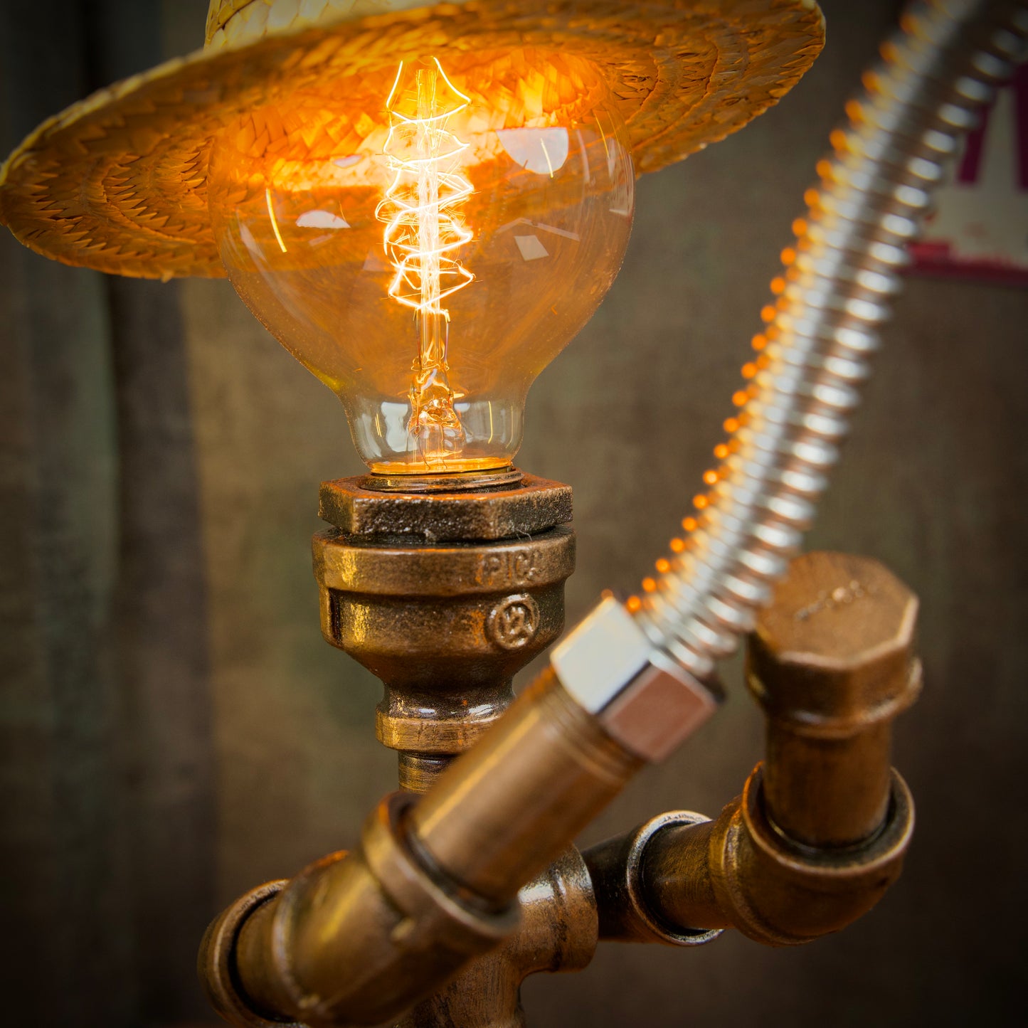 "Fisherman"Steampunk Pipe Lamp - Handmade Industrial Vintage Robot Table Lamp, American-Style Night Light, Home Decor Gift