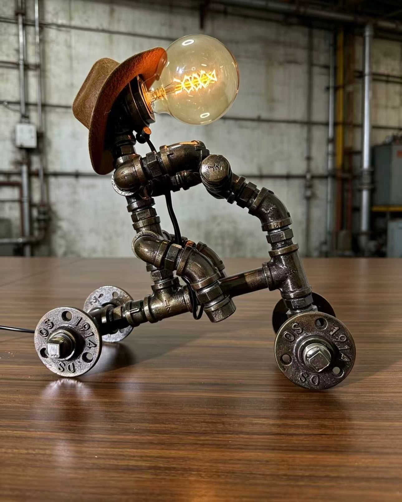 "4-Wheel Cart"Vintage Industrial Pipe Robot Car Statue - Handmade Steampunk  Sculpture, Home Bar Decor, Rustic Sideboard & Console Table Centerpiece