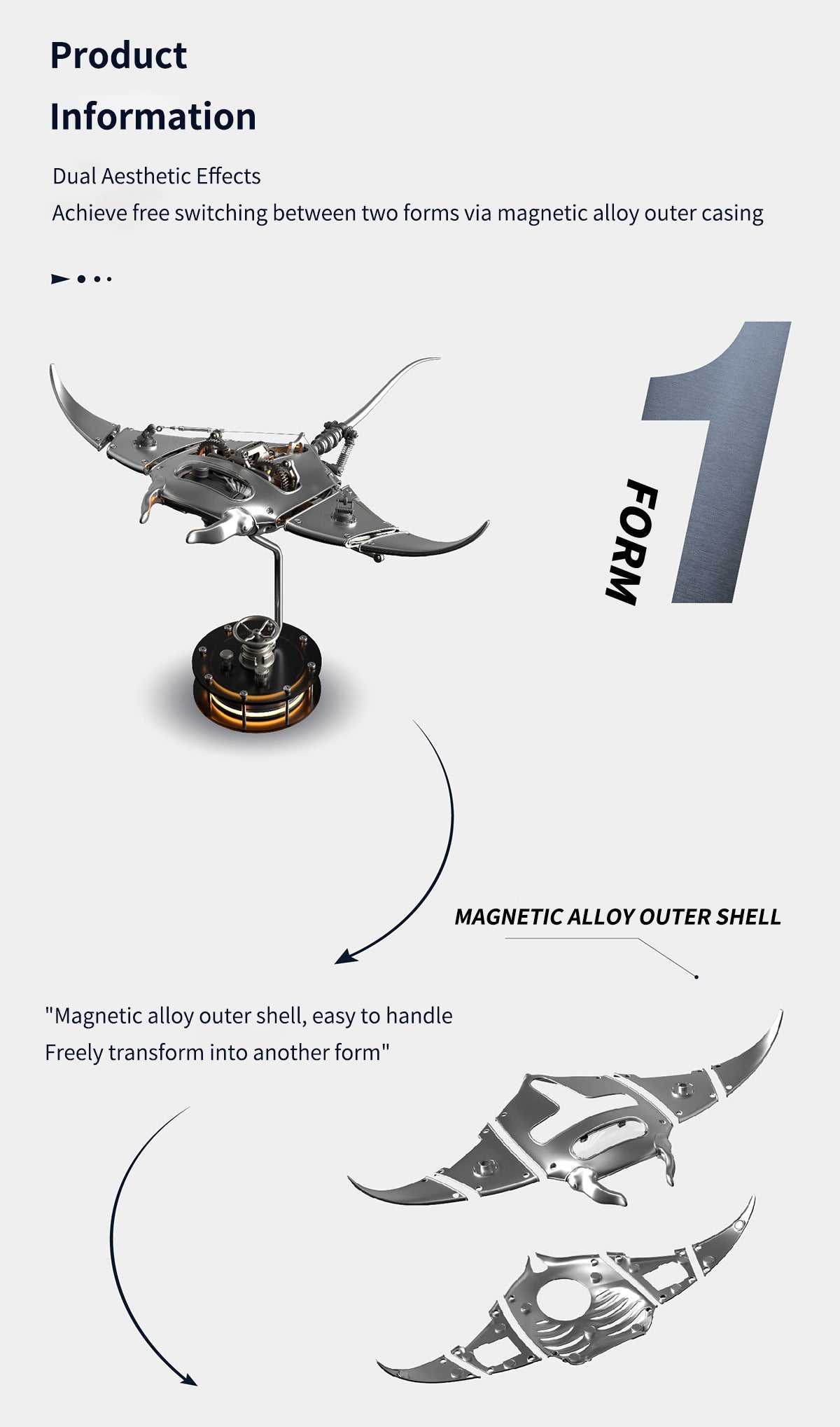 Electric Mechanical Manta Ray Model - Rechargeable Steampunk Metal Bionic Sculpture, DIY Kit & Pre-assembled Desktop Ornament