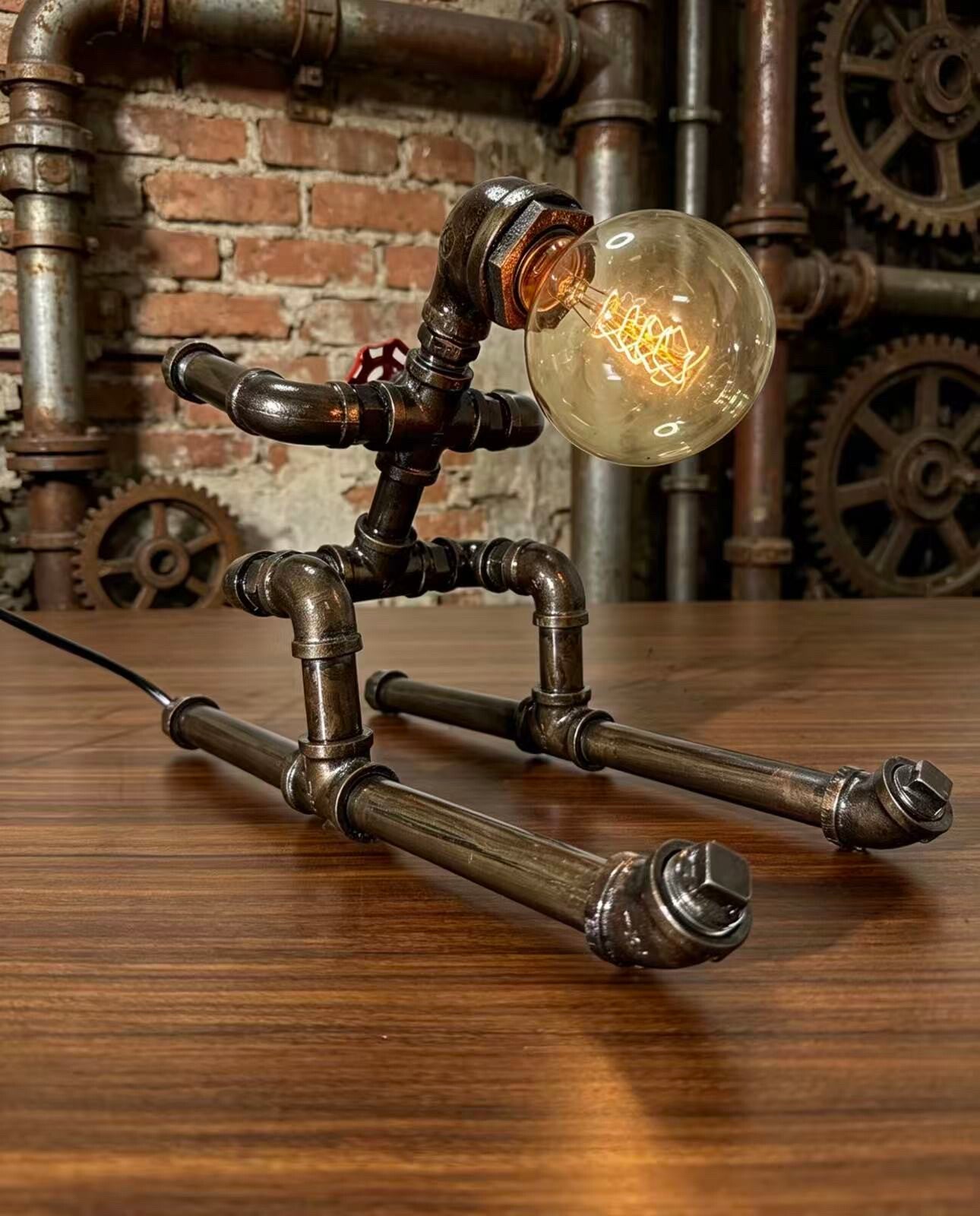 "Skie"Robot Statue - Vintage Industrial Pipe Art Sculpture, Handmade Steampunk Robot Figurine for Home Bar Decor, Rustic Farmhouse Sideboard & Console Table Centerpiece