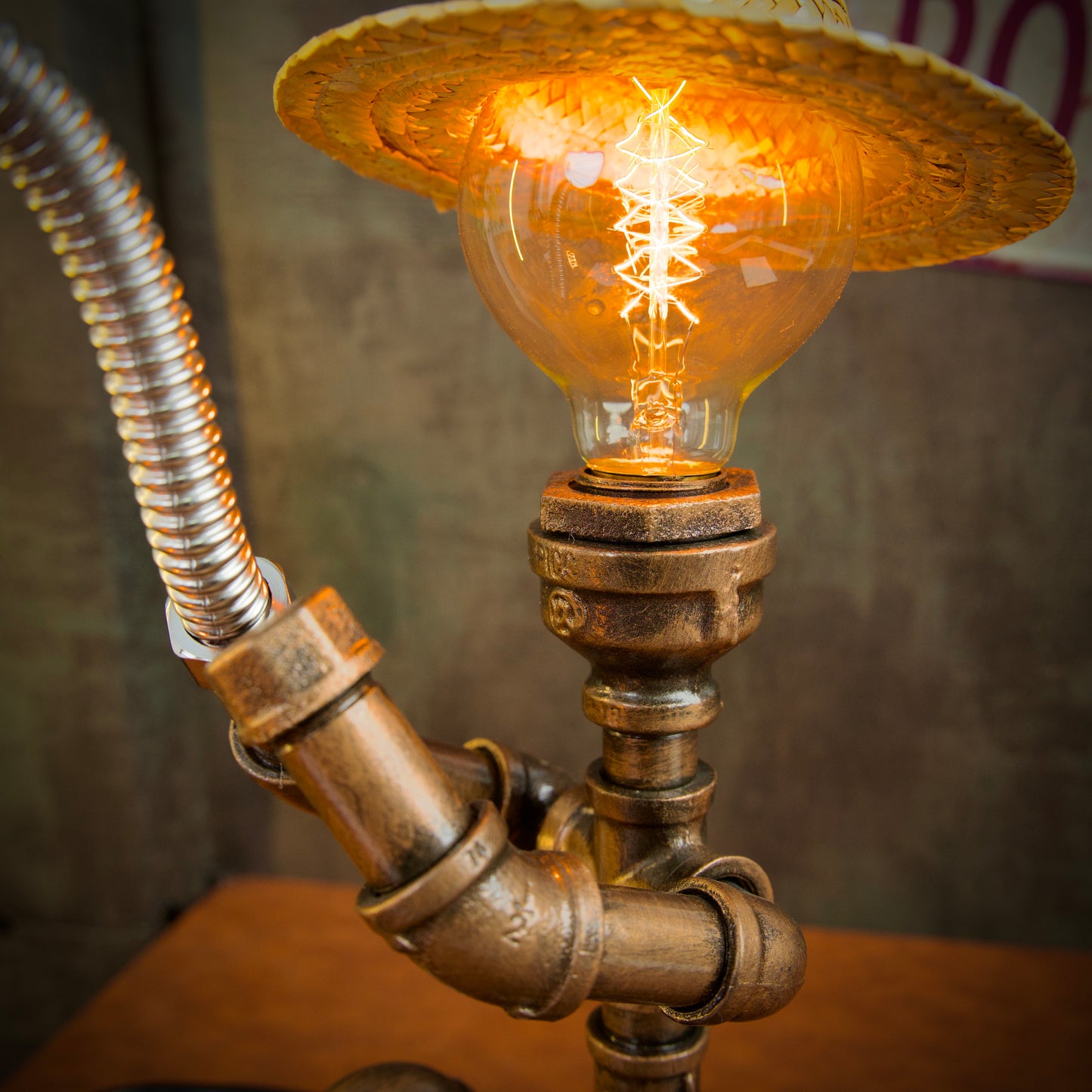 "Fisherman"Steampunk Pipe Lamp - Handmade Industrial Vintage Robot Table Lamp, American-Style Night Light, Home Decor Gift