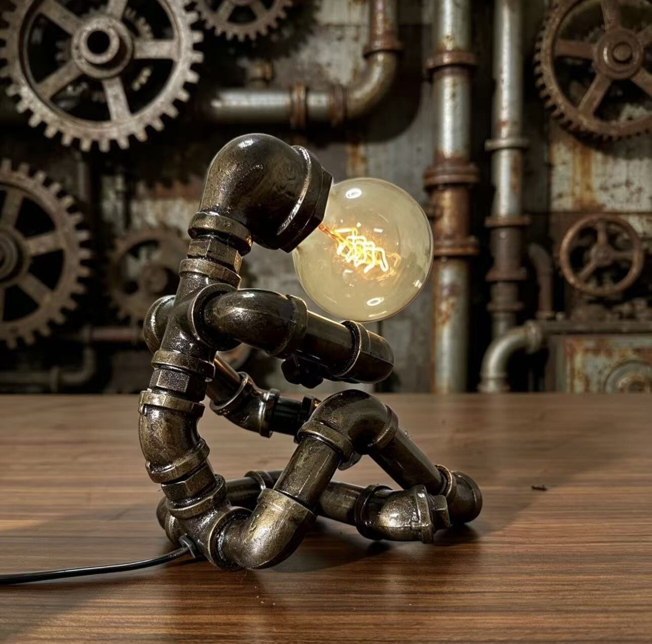 “The Thinker” Robot Statue - Vintage Industrial Pipe Art Sculpture, Handmade Steampunk Robot Figurine for Home Bar Decor, Rustic Sideboard & Console Table Centerpiece