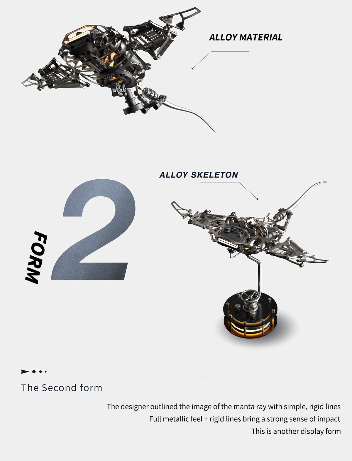 Electric Mechanical Manta Ray Model - Rechargeable Steampunk Metal Bionic Sculpture, DIY Kit & Pre-assembled Desktop Ornament