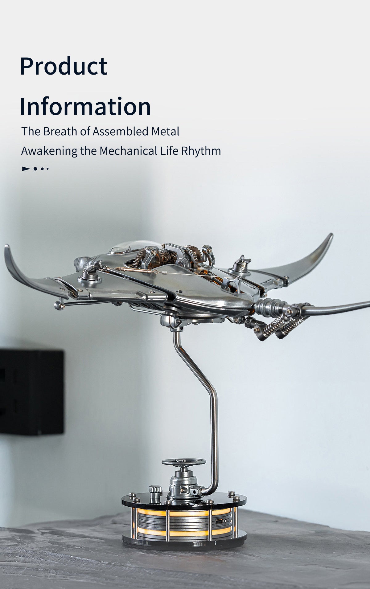 Electric Mechanical Manta Ray Model - Rechargeable Steampunk Metal Bionic Sculpture, DIY Kit & Pre-assembled Desktop Ornament