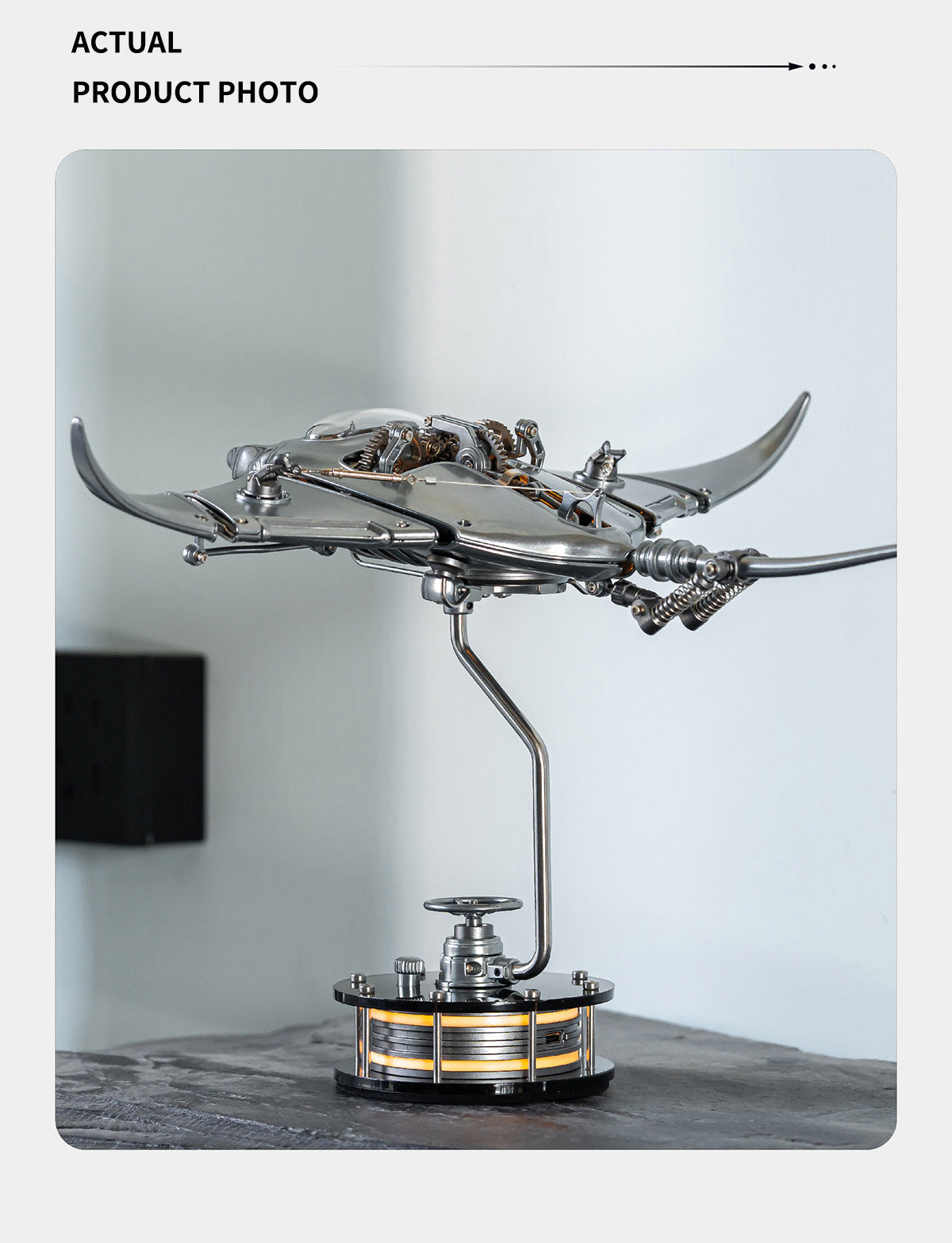Electric Mechanical Manta Ray Model - Rechargeable Steampunk Metal Bionic Sculpture, DIY Kit & Pre-assembled Desktop Ornament