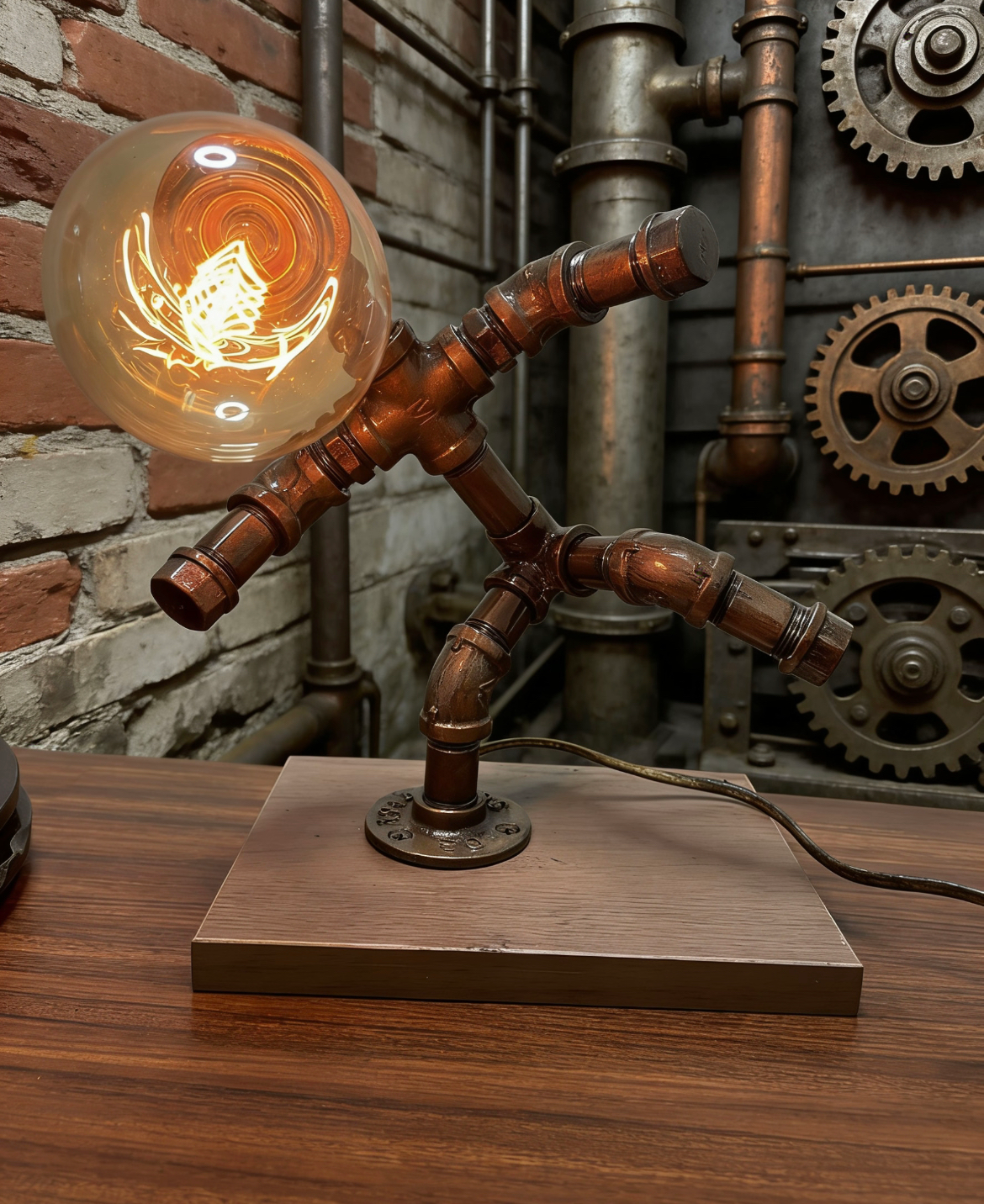 “Astronaut”Steampunk Pipe Lamp - Handmade Industrial Vintage Robot Table Lamp, Ambient Night Light for Bar & Coffee Shop Decor