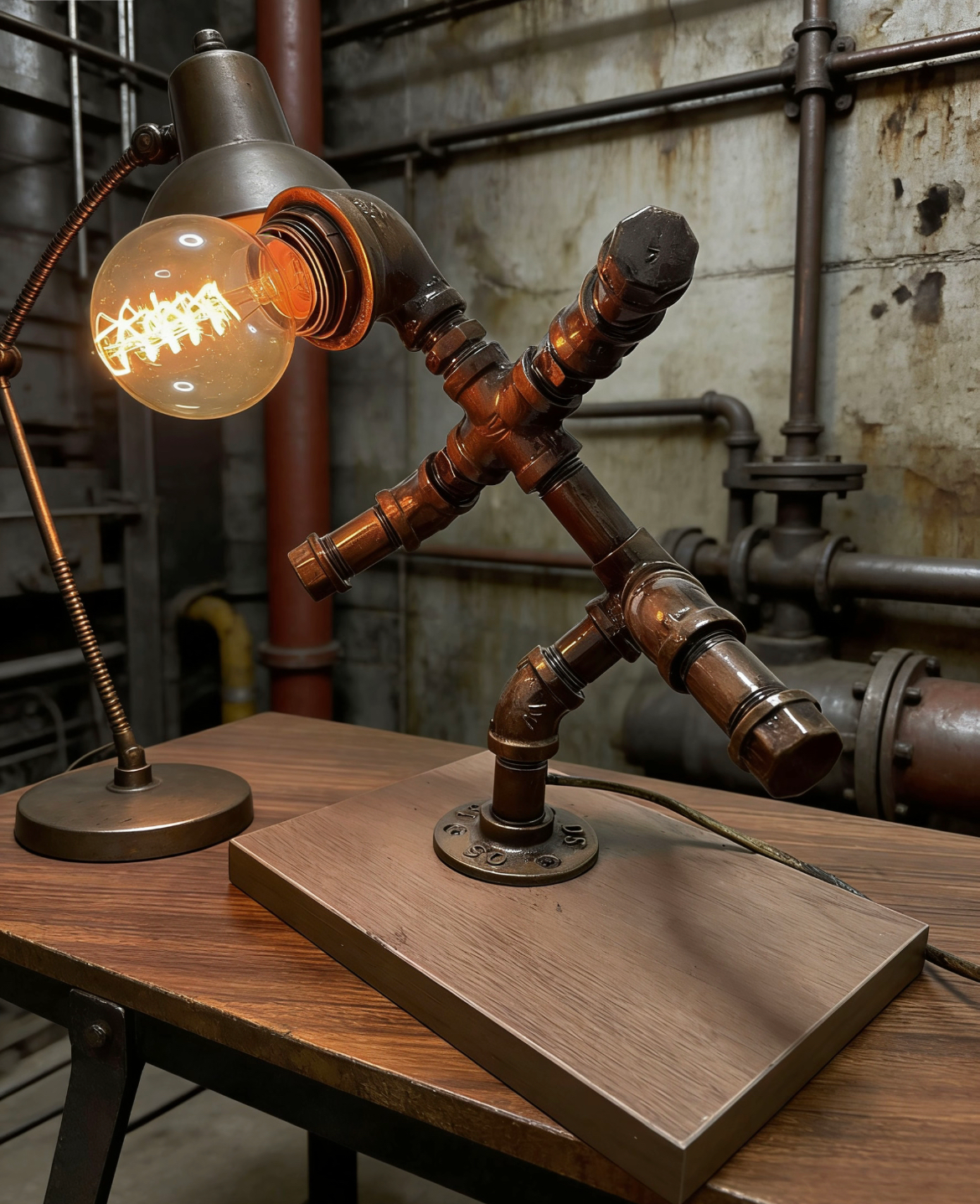 “Astronaut”Steampunk Pipe Lamp - Handmade Industrial Vintage Robot Table Lamp, Ambient Night Light for Bar & Coffee Shop Decor