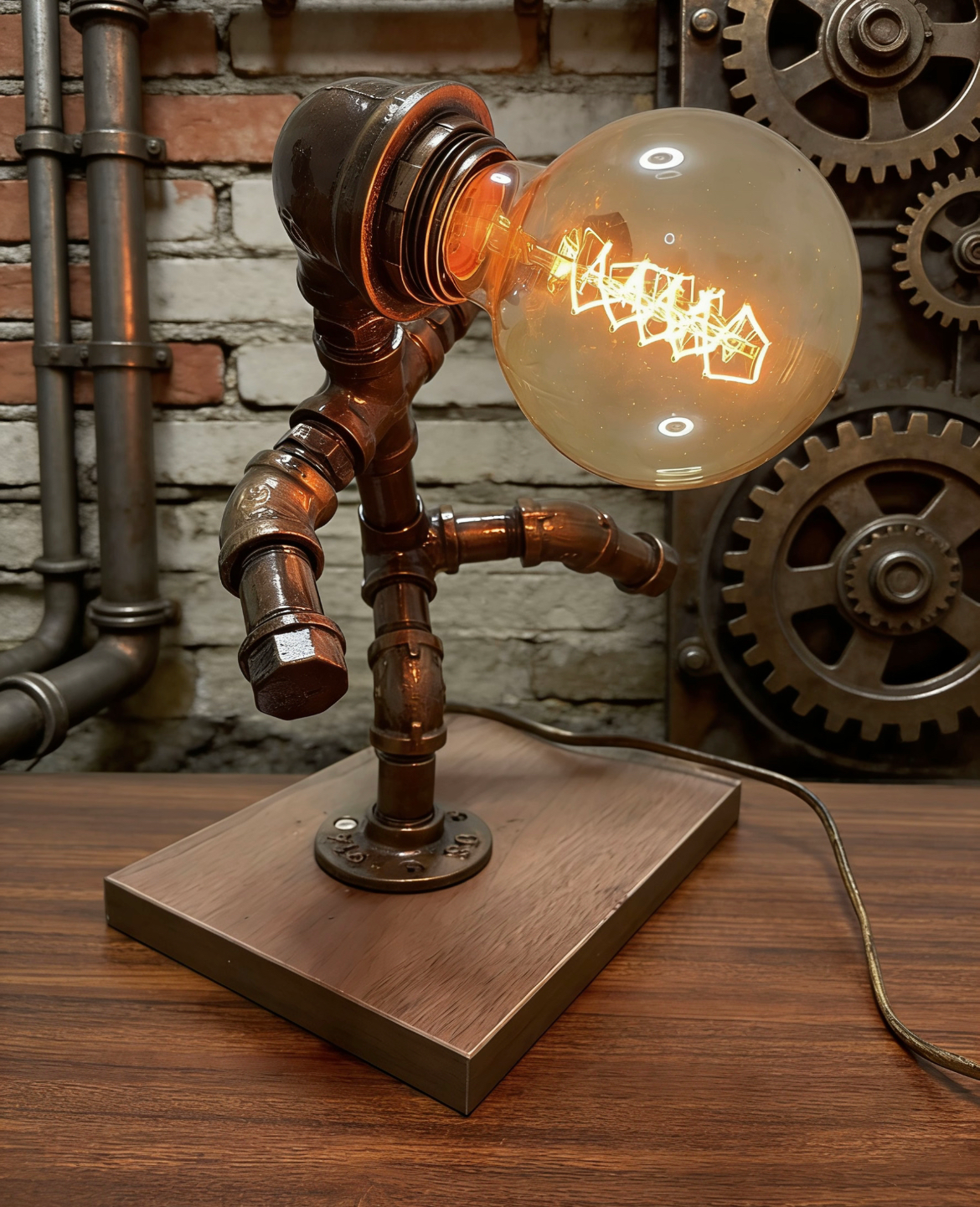 “Astronaut”Steampunk Pipe Lamp - Handmade Industrial Vintage Robot Table Lamp, Ambient Night Light for Bar & Coffee Shop Decor