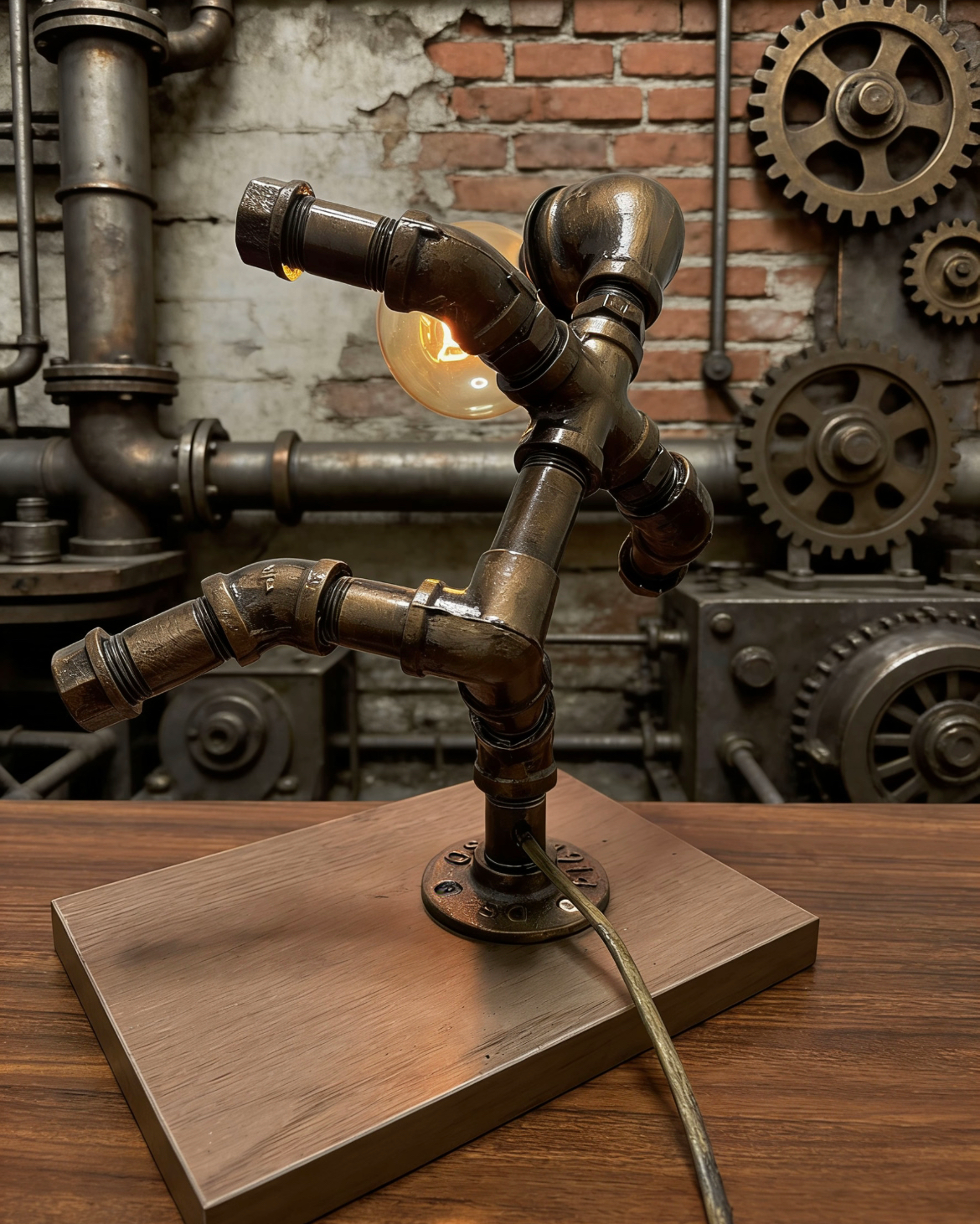 “Astronaut”Steampunk Pipe Lamp - Handmade Industrial Vintage Robot Table Lamp, Ambient Night Light for Bar & Coffee Shop Decor