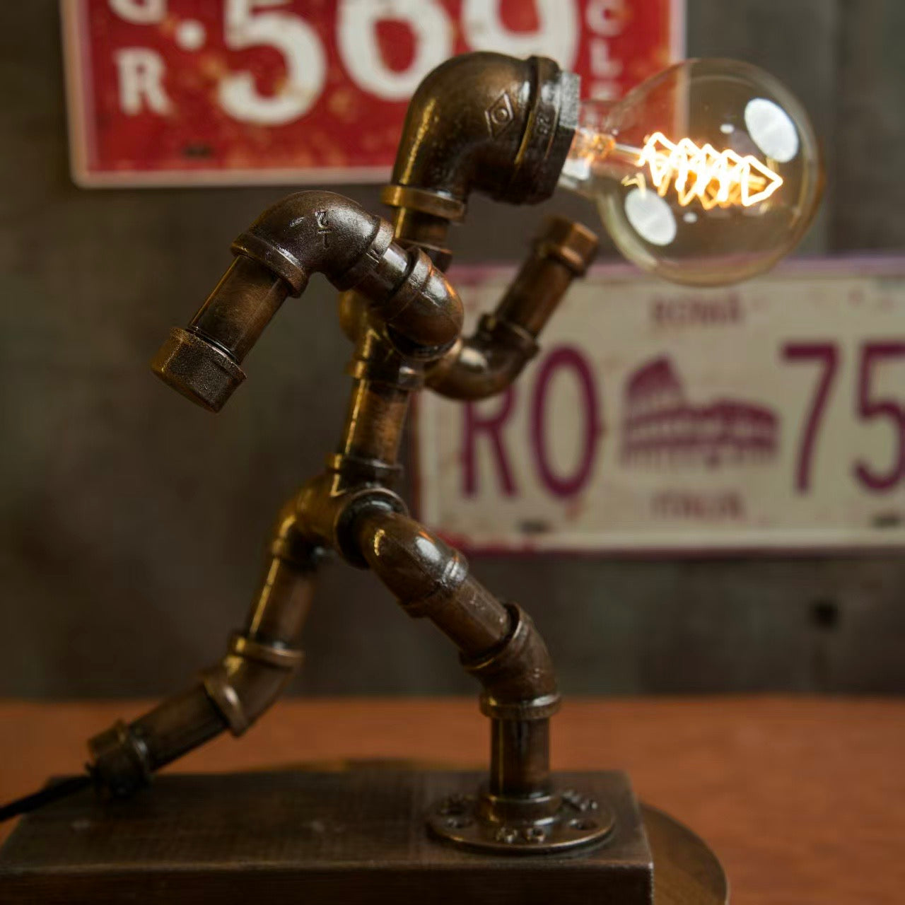 “Runner” Steampunk Pipe Lamp - Handmade Industrial Vintage Robot Table Lamp, Night Light for Bar & Coffee Shop Decor