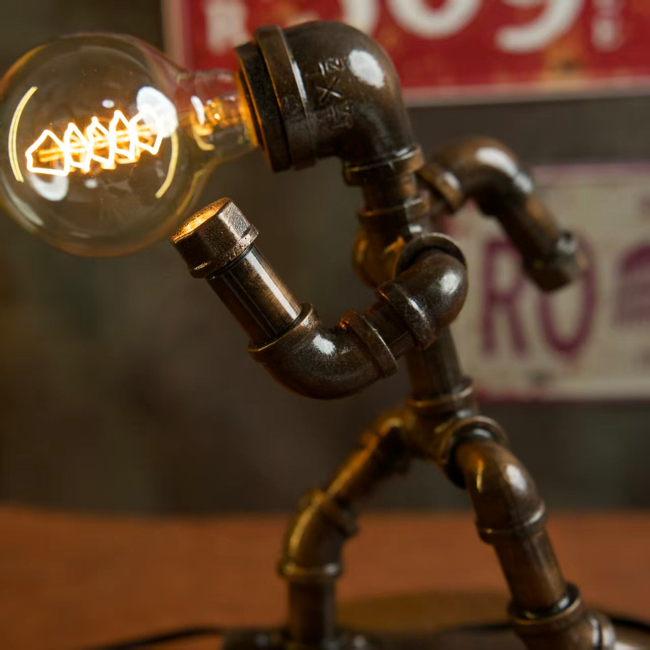 “Runner” Steampunk Pipe Lamp - Handmade Industrial Vintage Robot Table Lamp, Night Light for Bar & Coffee Shop Decor