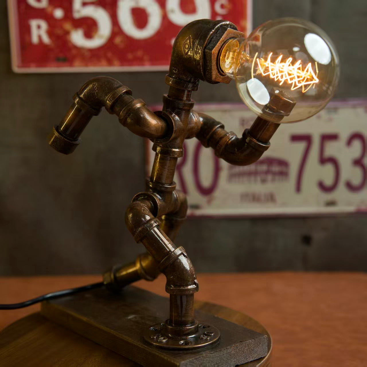 “Runner” Steampunk Pipe Lamp - Handmade Industrial Vintage Robot Table Lamp, Night Light for Bar & Coffee Shop Decor
