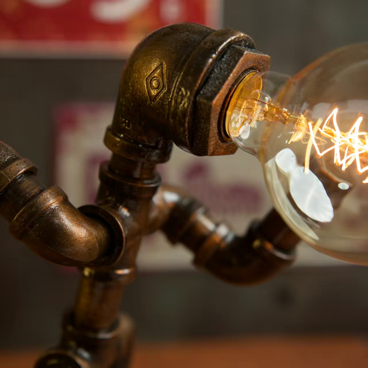 “Runner” Steampunk Pipe Lamp - Handmade Industrial Vintage Robot Table Lamp, Night Light for Bar & Coffee Shop Decor