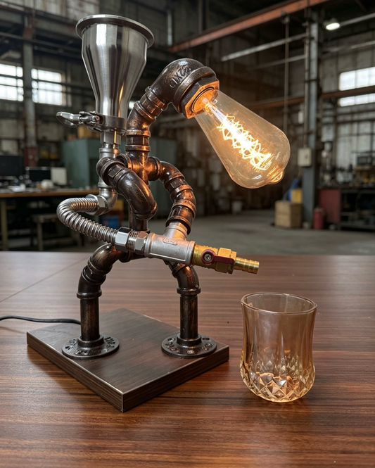 "Firefighte"Liquor Dispenser - Small Vintage Industrial Pipe Robot Decanter, Handmade Steampunk Bar Accessory, Whiskey & Spirits Dispenser