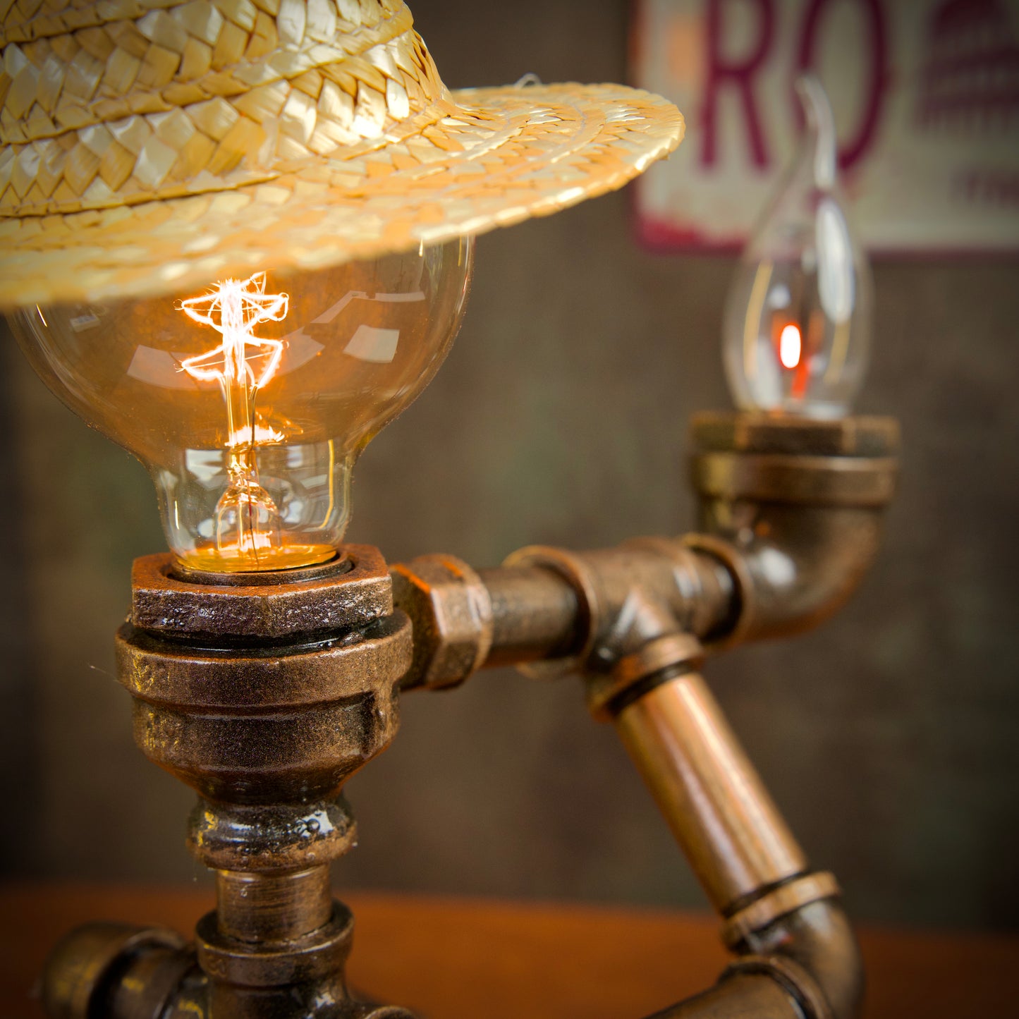 "Smoking"Vintage Steampunk Pipe Lamp - Handmade Industrial Metal Night Light,  Decor for Bar, Coffee Shop & Tea Table