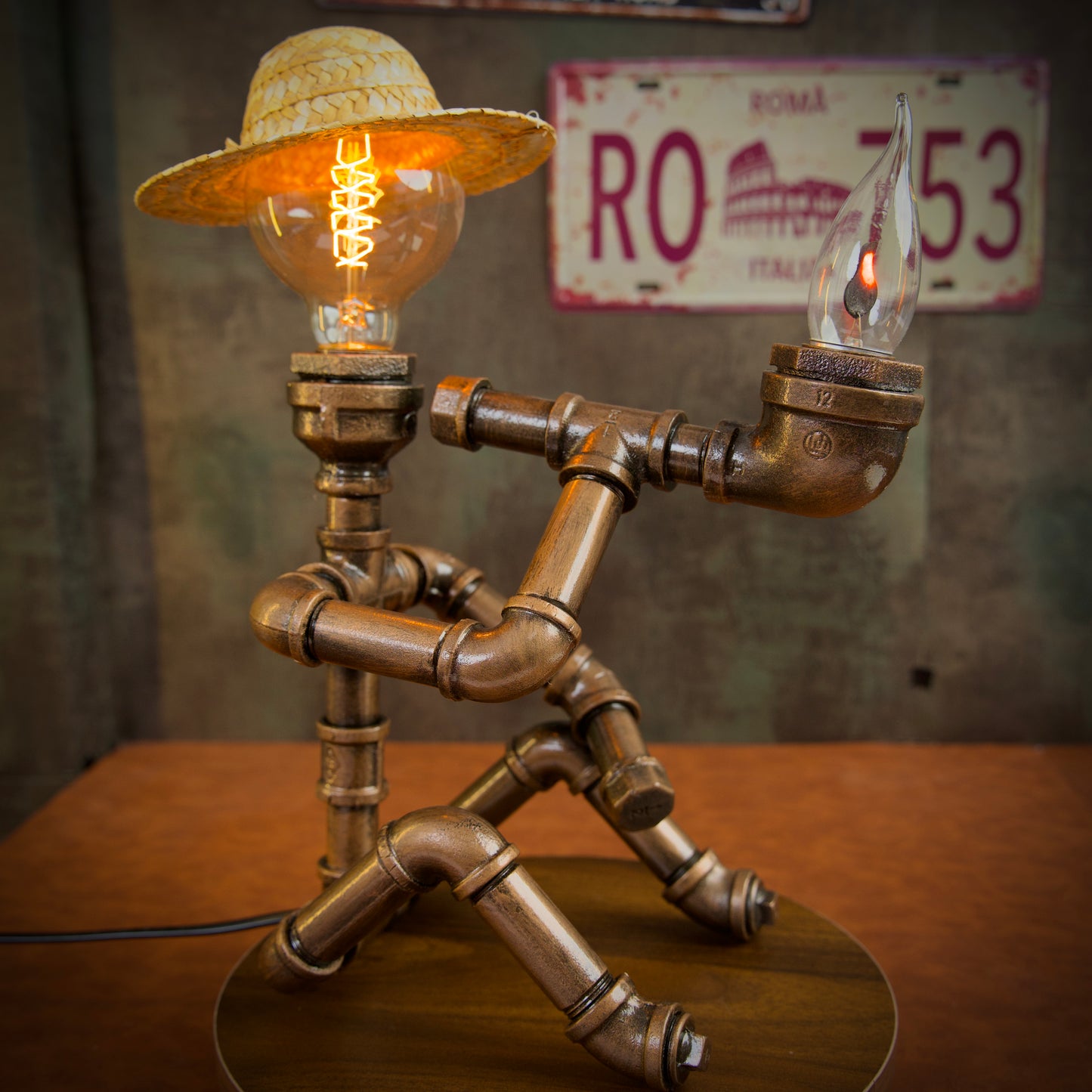 "Smoking"Vintage Steampunk Pipe Lamp - Handmade Industrial Metal Night Light,  Decor for Bar, Coffee Shop & Tea Table