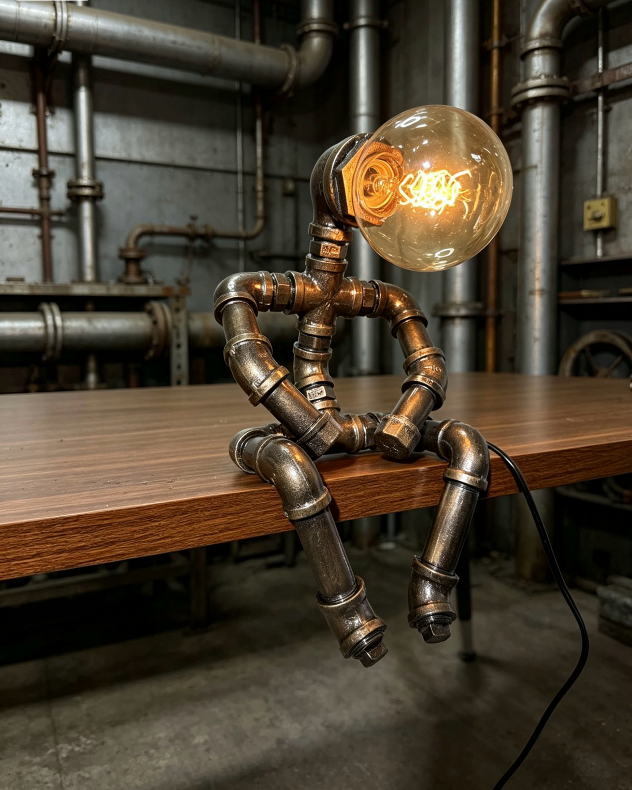 “Meditation”Robot Statue - Vintage Industrial Pipe Art Sculpture, Handmade Steampunk Robot Figurine for Home Bar & Coffee Shop Decor