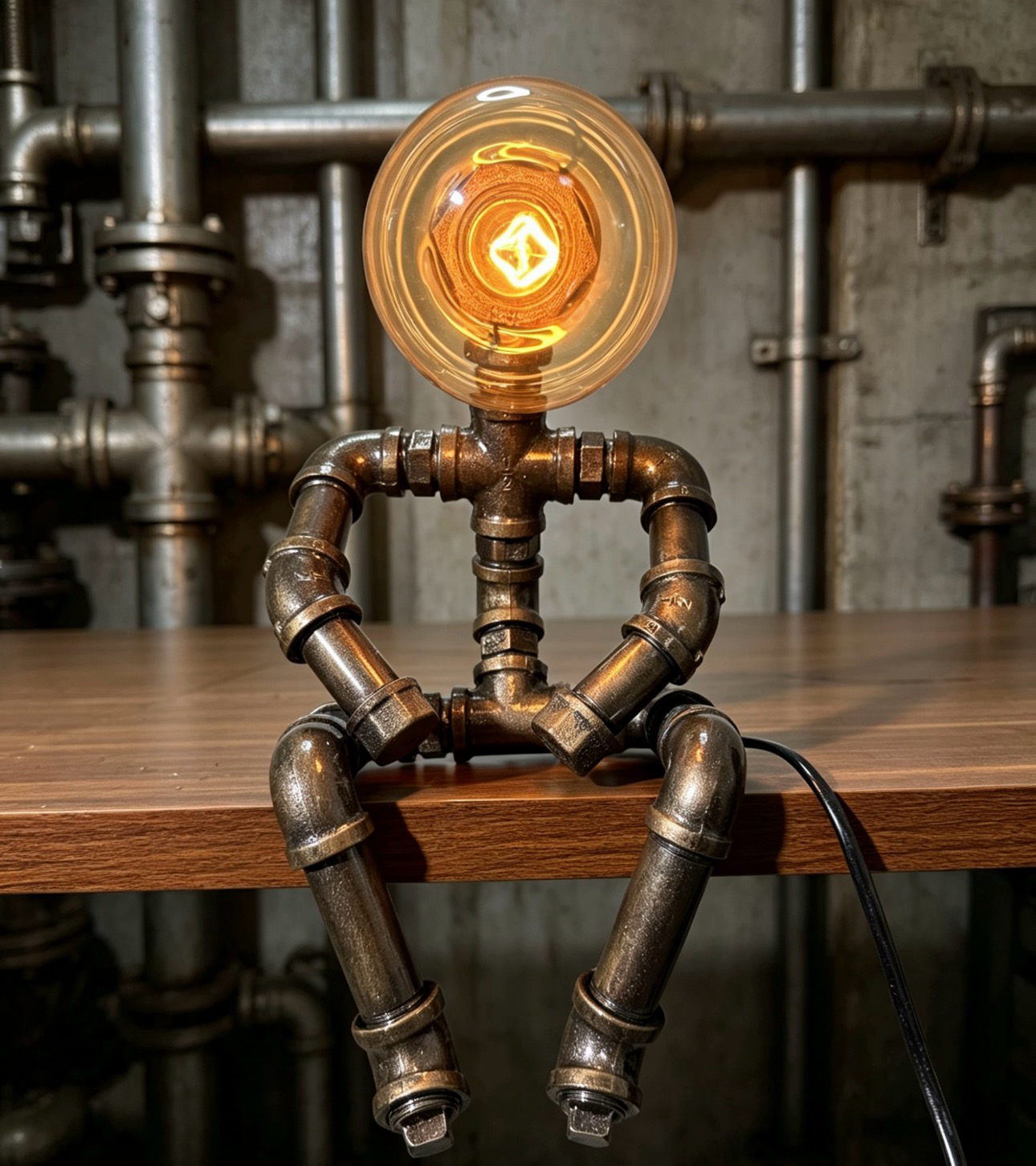 “Meditation”Robot Statue - Vintage Industrial Pipe Art Sculpture, Handmade Steampunk Robot Figurine for Home Bar & Coffee Shop Decor