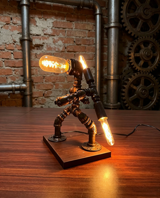 "Monkey King"Light-Up Robot Statue - Handmade Steampunk Industrial Pipe Sculpture, LED Night Light for Bar & Coffee Shop Decor