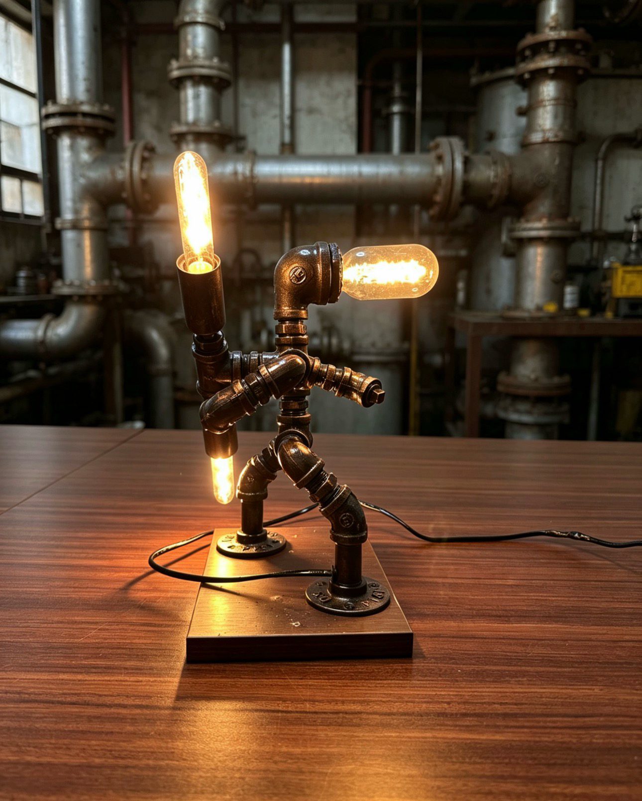 "Monkey King"Light-Up Robot Statue - Handmade Steampunk Industrial Pipe Sculpture, LED Night Light for Bar & Coffee Shop Decor
