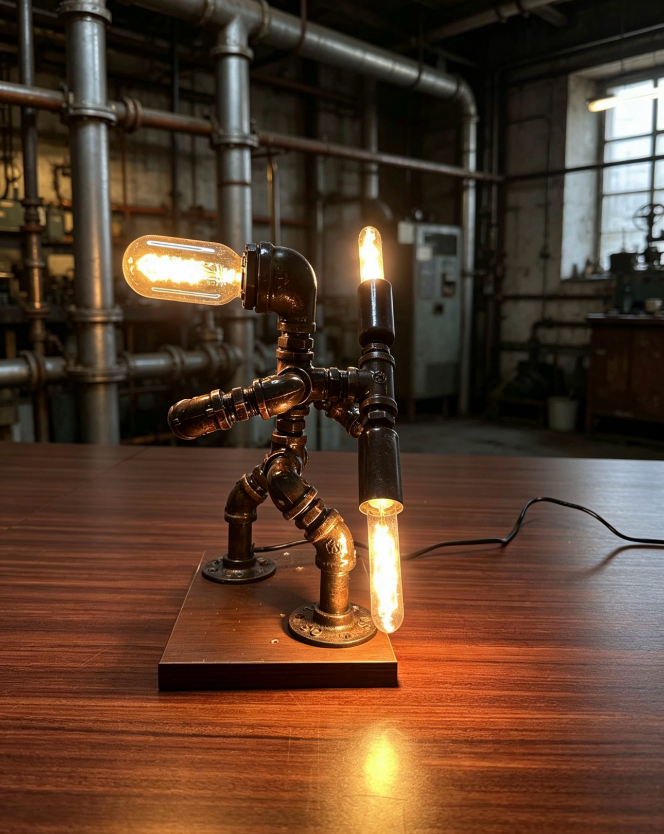 "Monkey King"Light-Up Robot Statue - Handmade Steampunk Industrial Pipe Sculpture, LED Night Light for Bar & Coffee Shop Decor