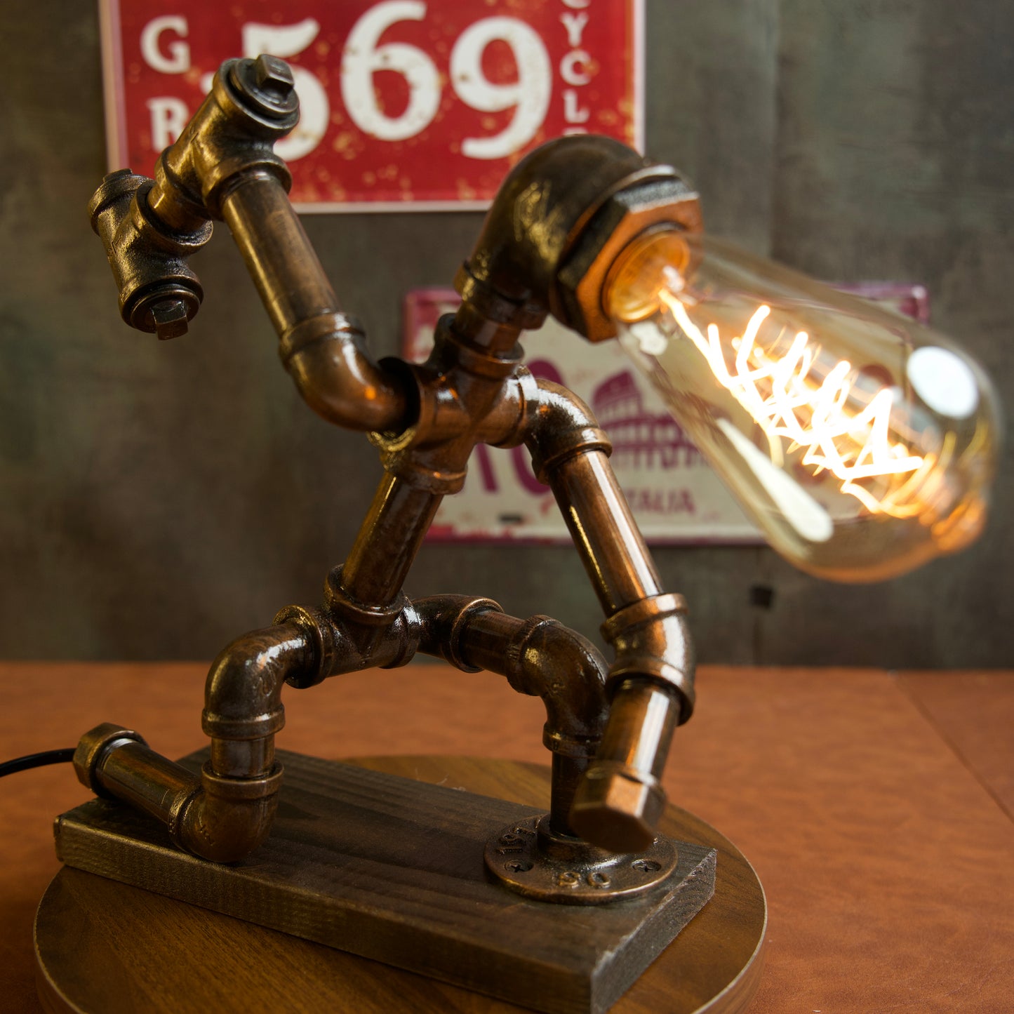 “Miner”Robot Statue - Vintage Industrial Pipe Art Sculpture, Handmade Steampunk Robot Figurine for Home Bar Decor, Rustic Side Table Accent