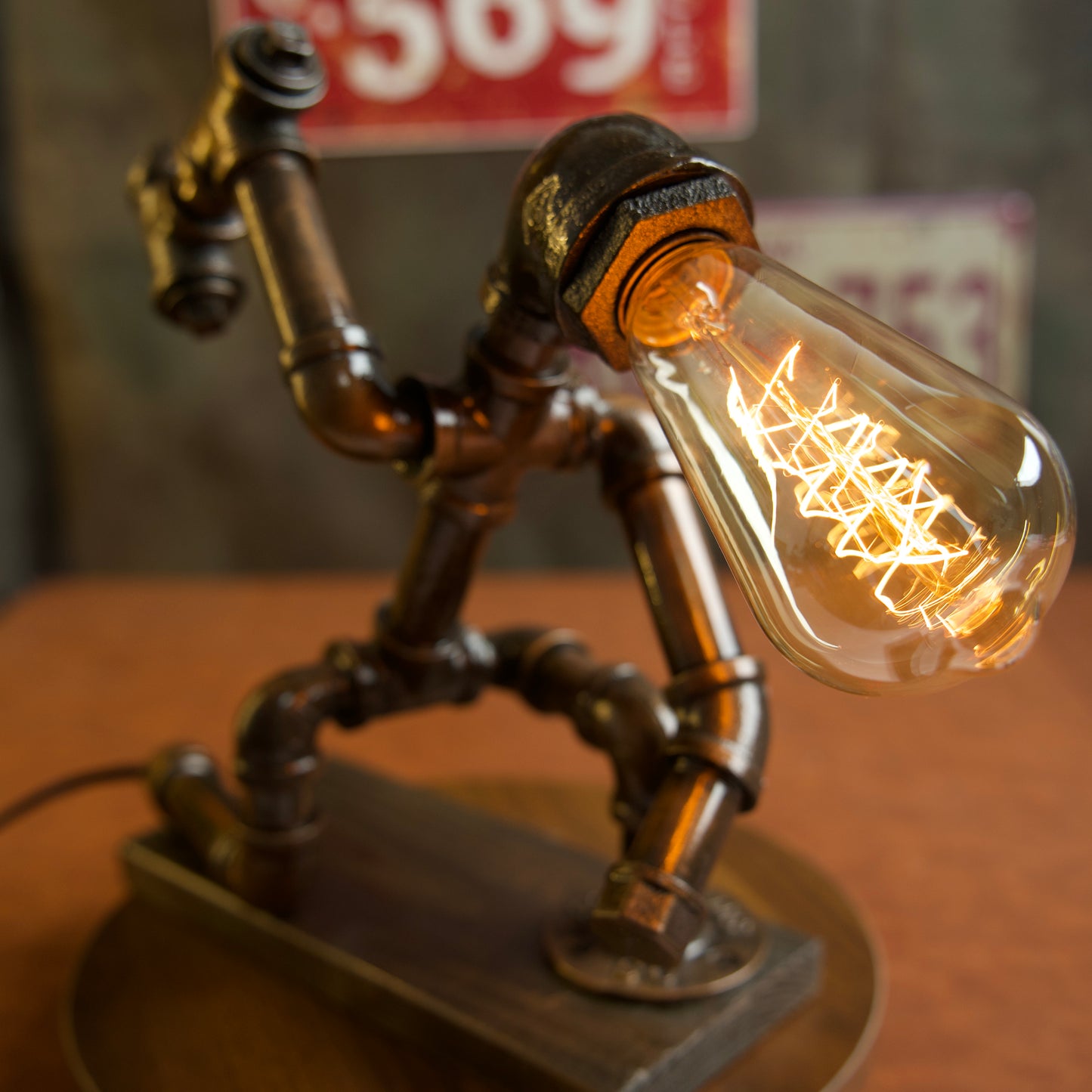 “Miner”Robot Statue - Vintage Industrial Pipe Art Sculpture, Handmade Steampunk Robot Figurine for Home Bar Decor, Rustic Side Table Accent
